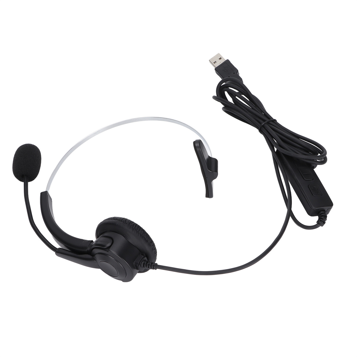 Schwarzes Headset mit Mikrofon, USB-Kabel und Steuereinheit.