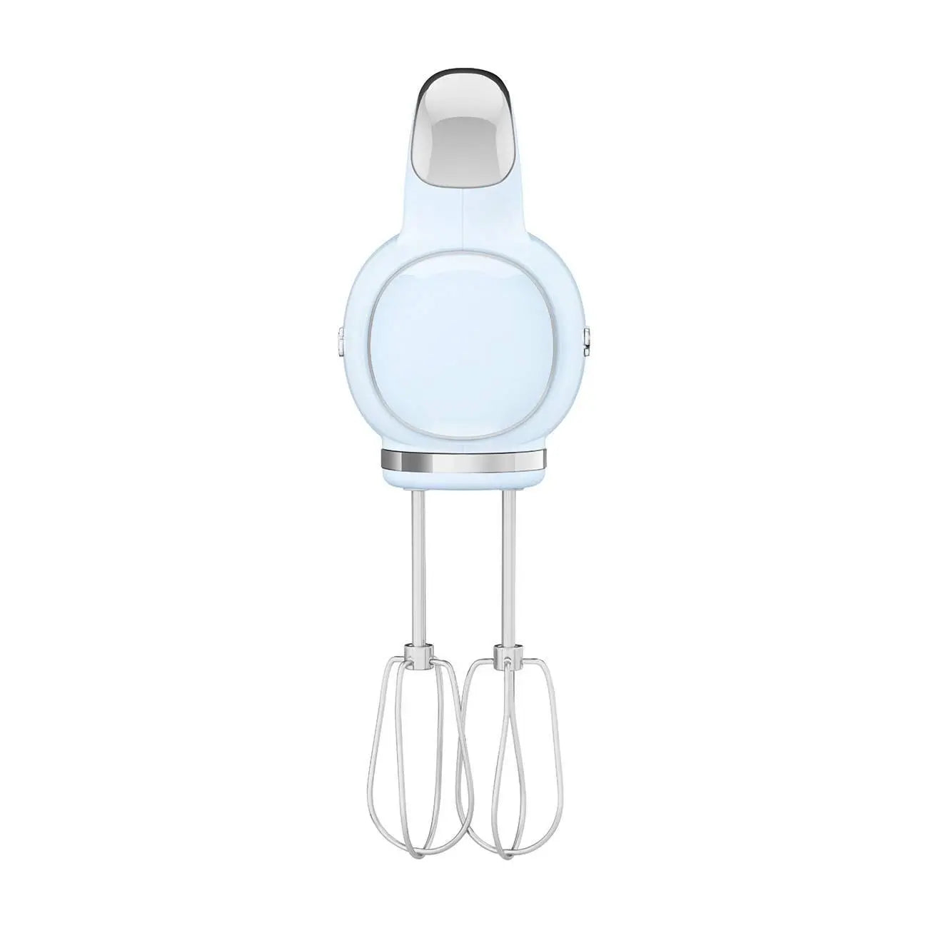 Light blue hand mixer. The body is round, with two beaters at the bottom. The handle is silver.