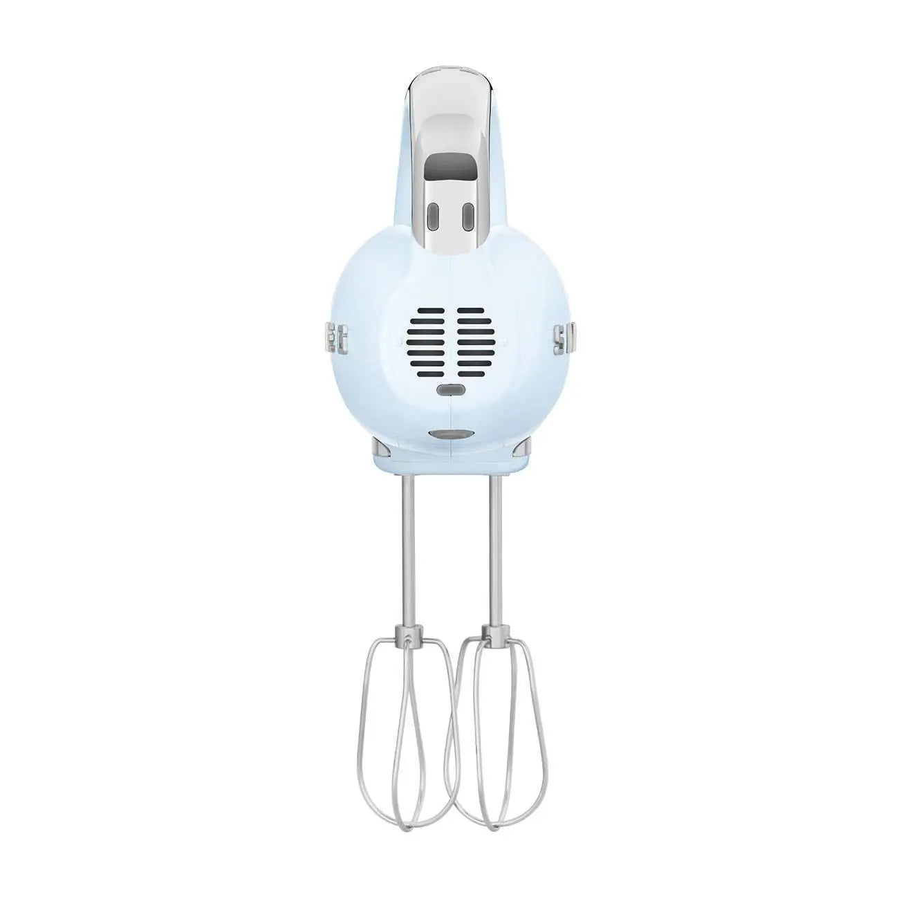 Light blue hand mixer. It has a retro design with two beaters.