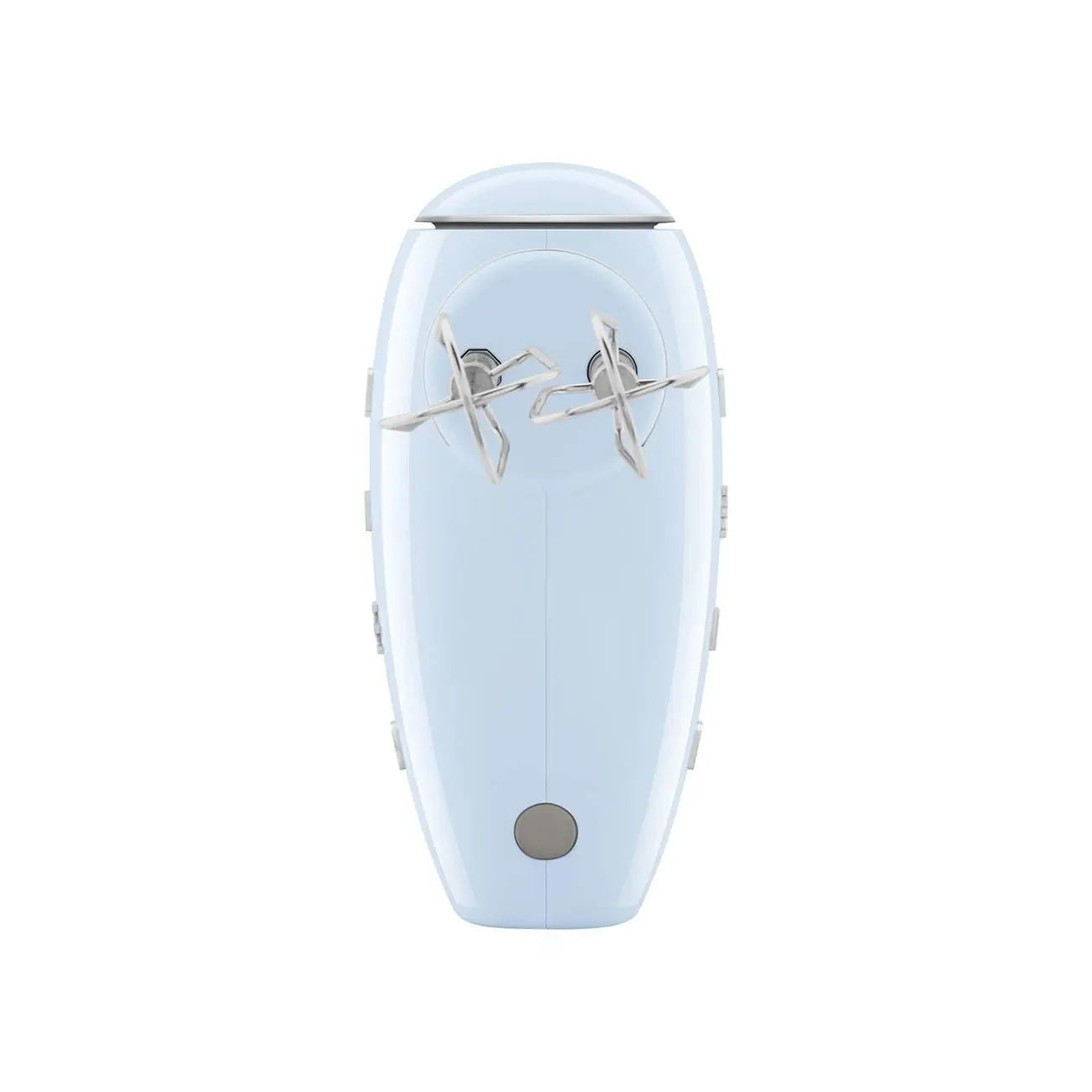 A light blue, oval-shaped can opener with two silver blades and a gray button.