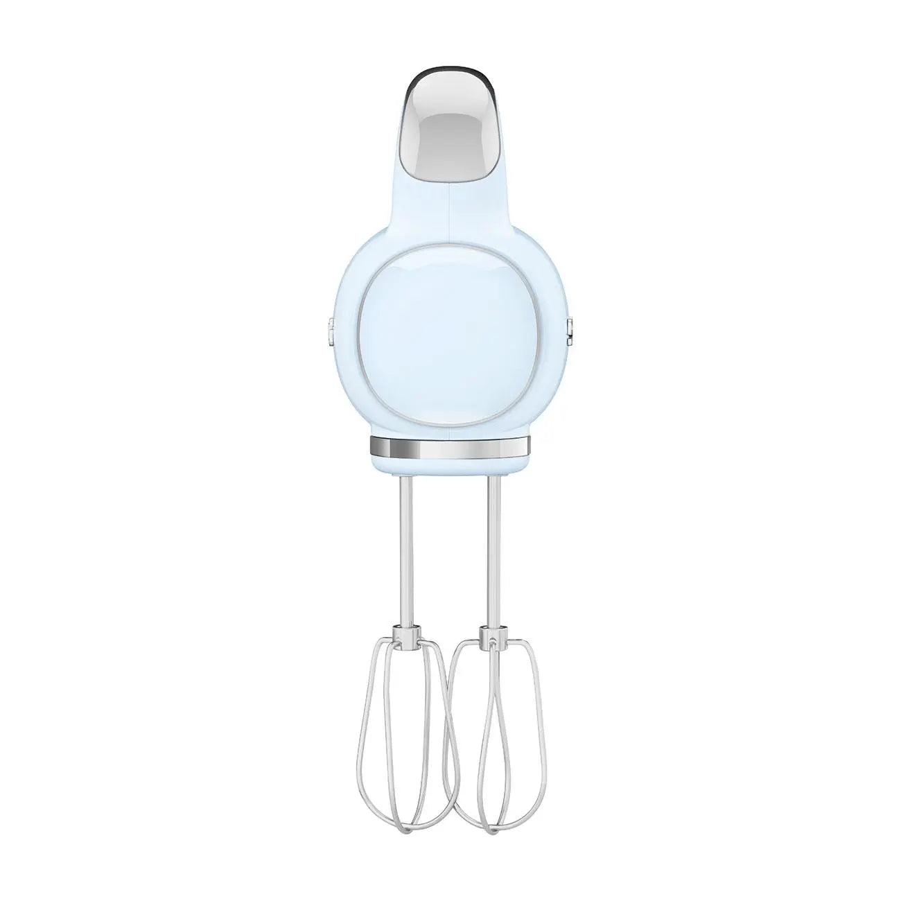 Light blue hand mixer with two beaters. Silver accents and a circular design. On white background.