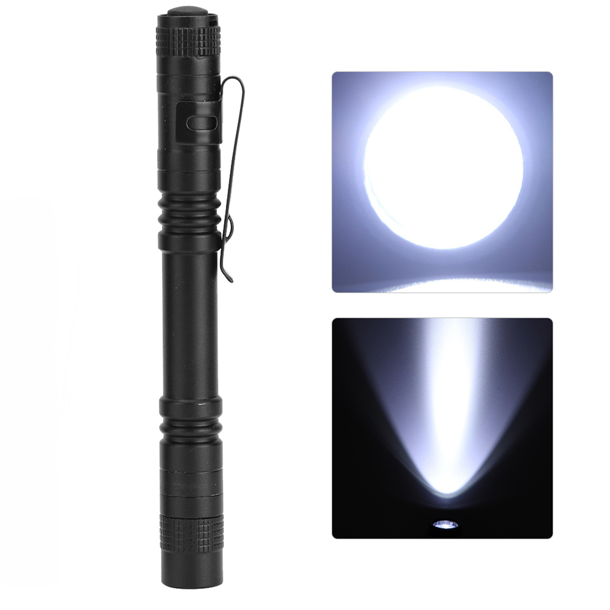 Schwarze Taschenlampe mit Clip und zwei eingesetzten Bildern, die den Lichtstrahl zeigen.