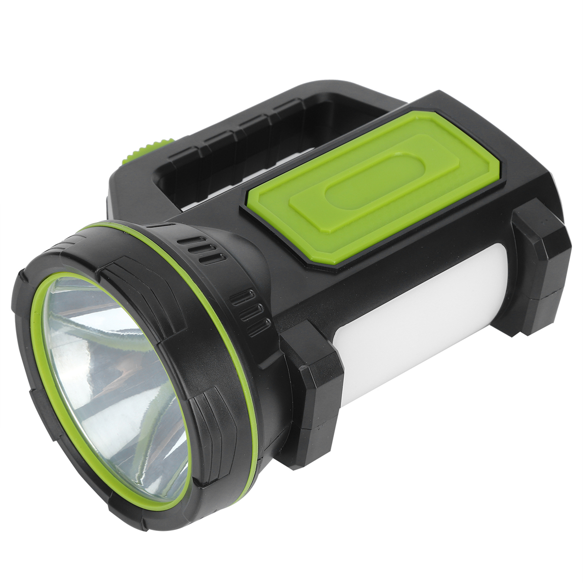 Eine schwarz-grüne Taschenlampe mit hellem Licht und einem Griff.