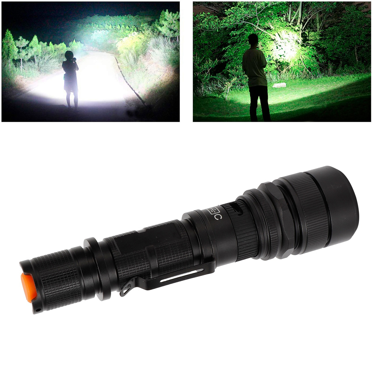 Eine schwarze Taschenlampe mit Menschen, die das Licht benutzen. Einer ist auf einem Weg, der andere im Wald.