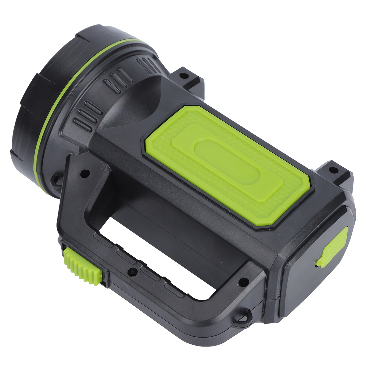 Große, schwarz-grüne Taschenlampe mit Griff und grüner Taste, auf weißem Hintergrund.