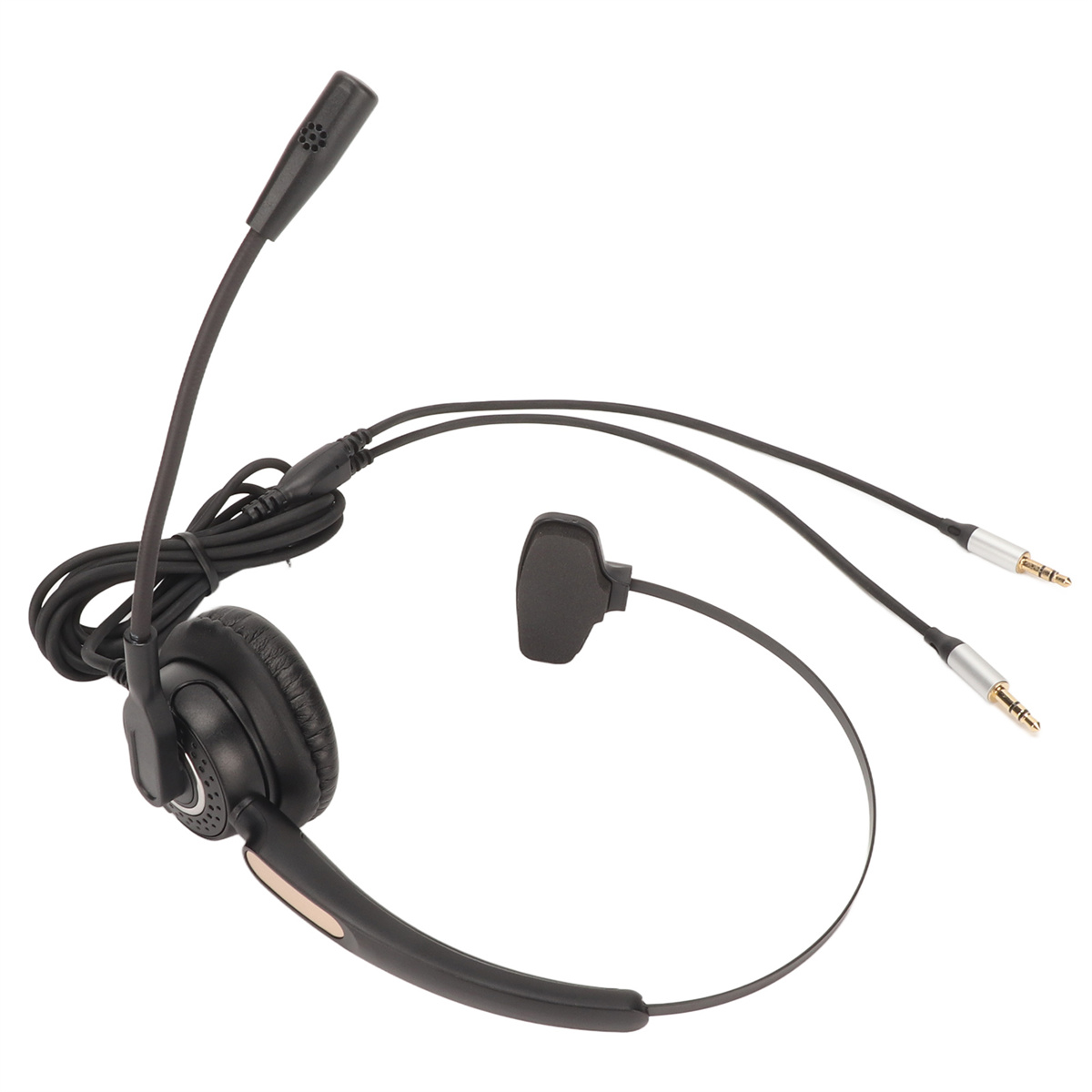 Schwarzes Headset mit Mikrofon. Es hat ein Bügelmikrofon und zwei Anschlüsse.