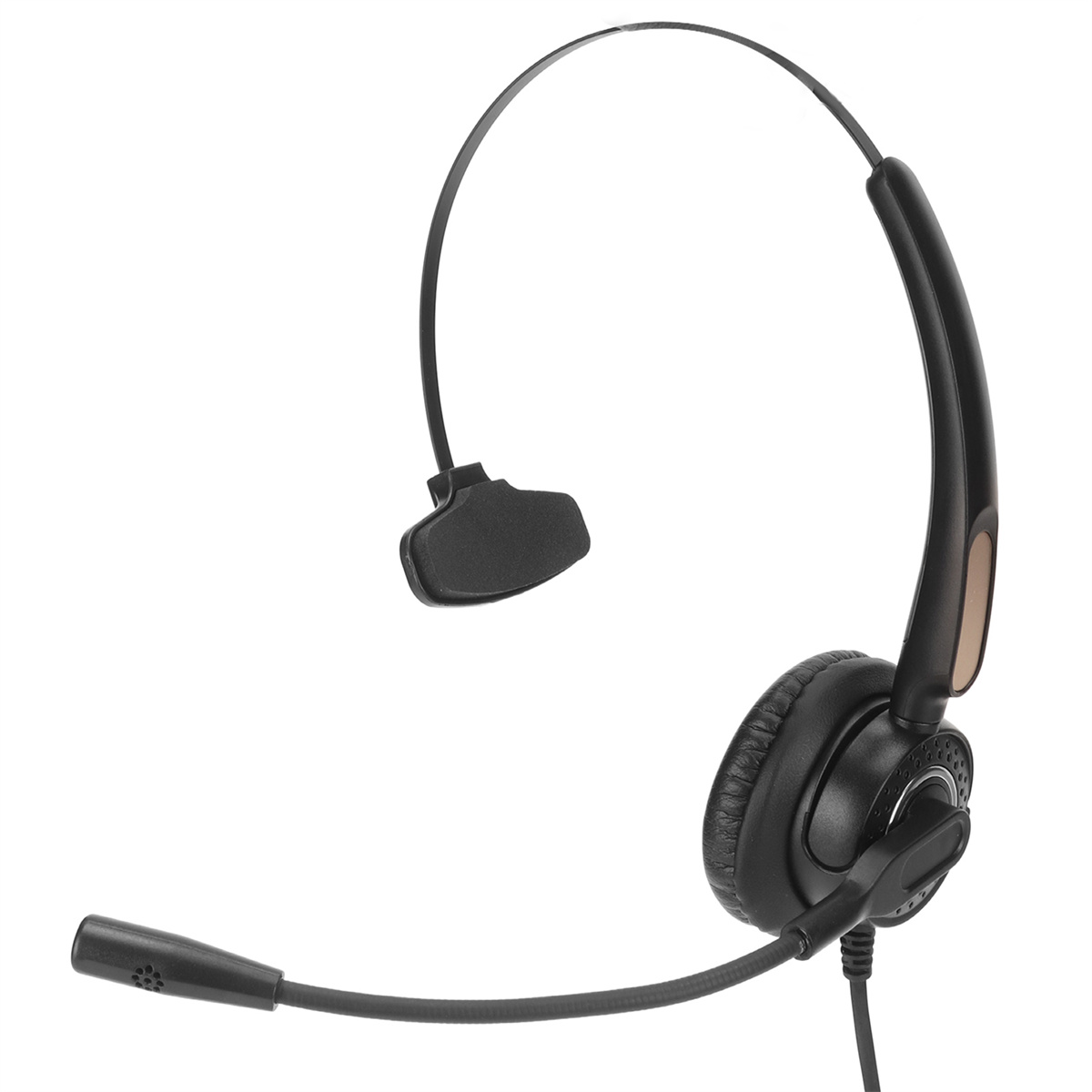 Schwarzes Headset mit Mikrofon. Das Headset befindet sich auf weißem Hintergrund.