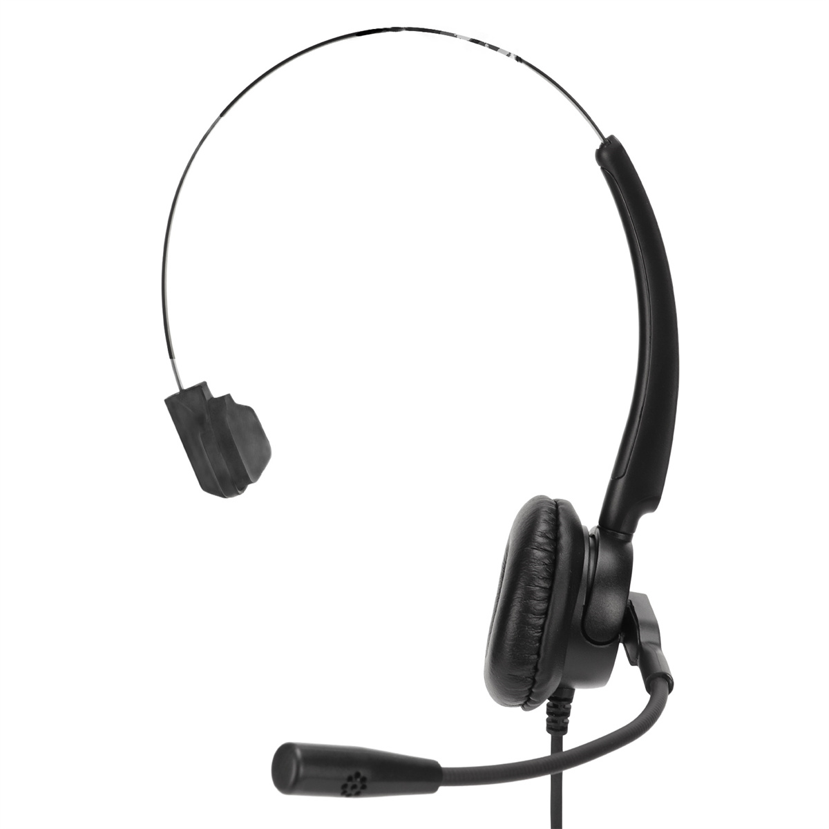 Schwarzes Headset mit Mikrofon. Weißer Hintergrund.