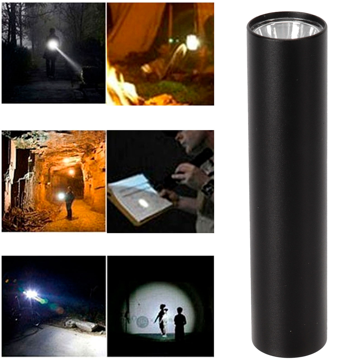 Verschiedene Szenen, die von einer Taschenlampe beleuchtet werden. Rechts ist eine schwarze Taschenlampe. Menschen im Dunkeln.