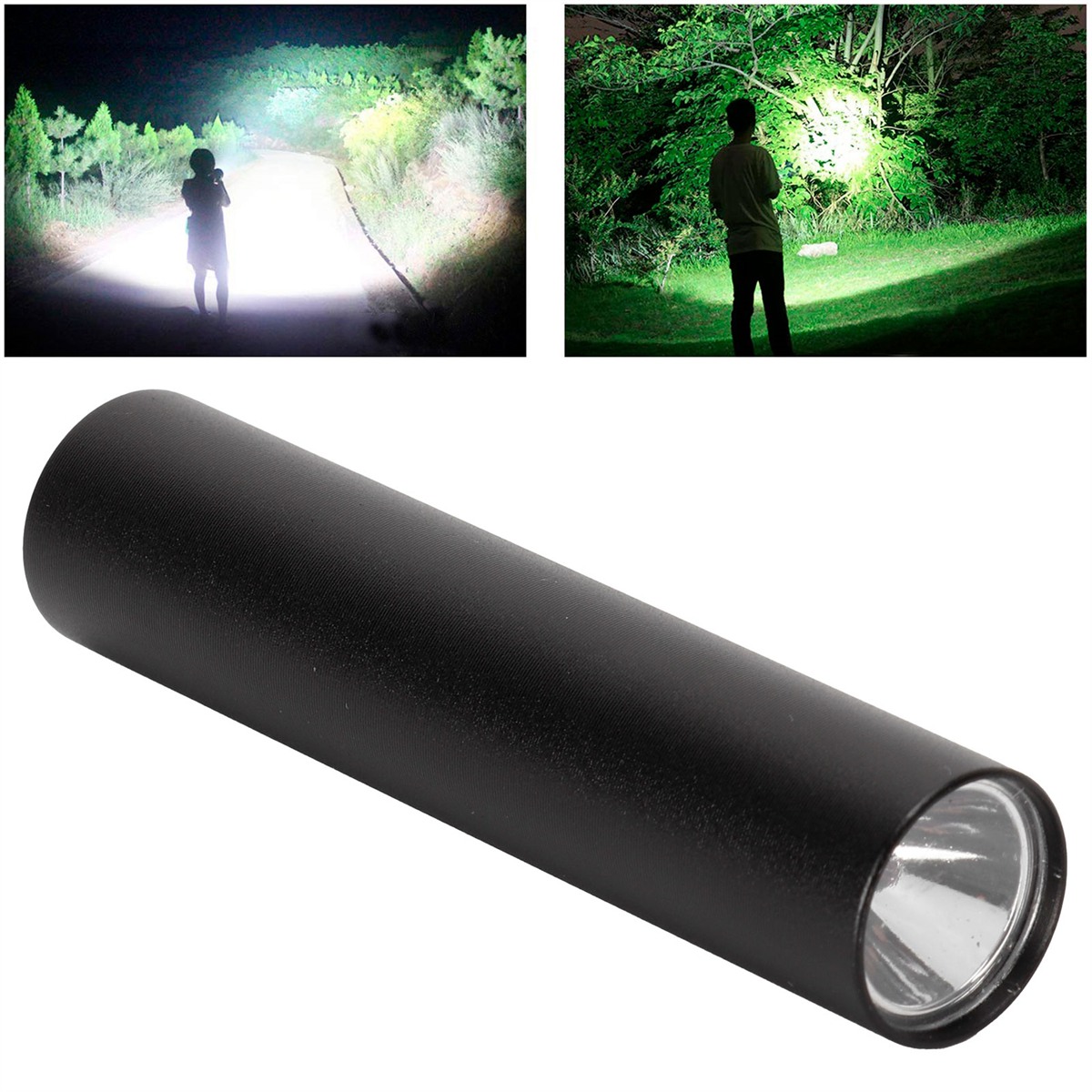 Eine schwarze Taschenlampe, mit drei Bildern, die ihre Verwendung bei Nacht zur Beleuchtung eines Weges zeigen.