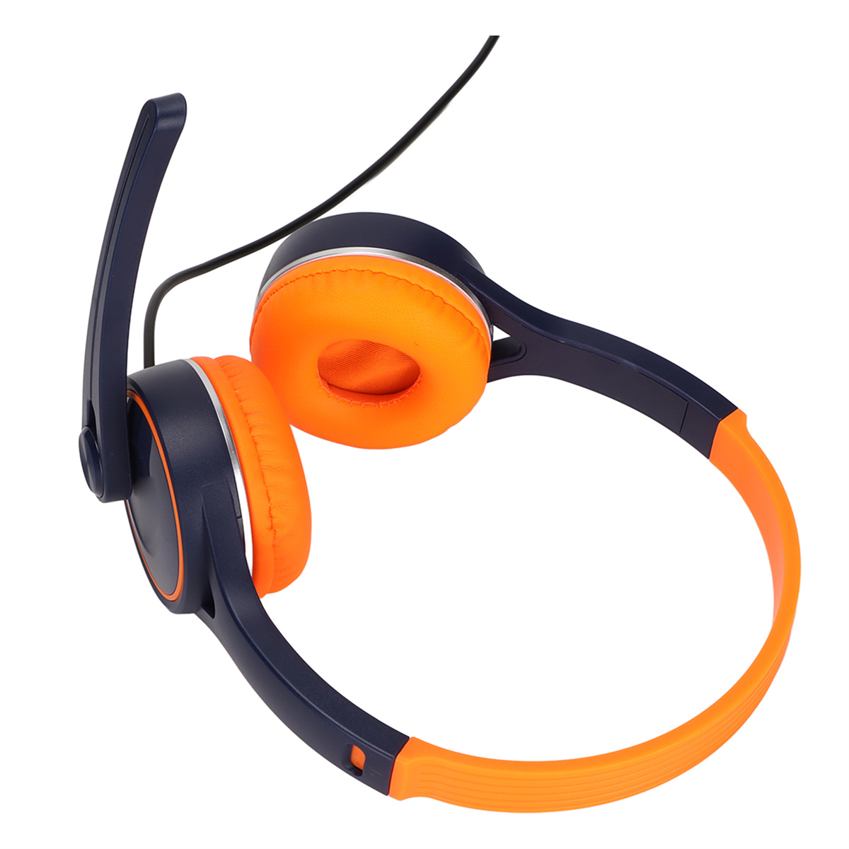 Kopfhörer in Blau und Orange, mit Mikrofon.