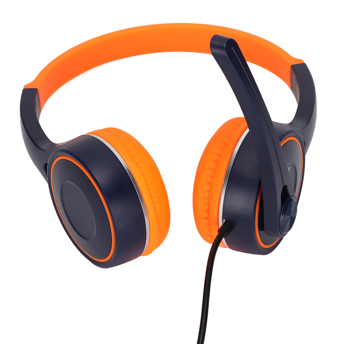 Orange und dunkelblaue Kopfhörer mit Mikrofon. Die Kopfhörer haben ein Kabel, das mit ihnen verbunden ist.