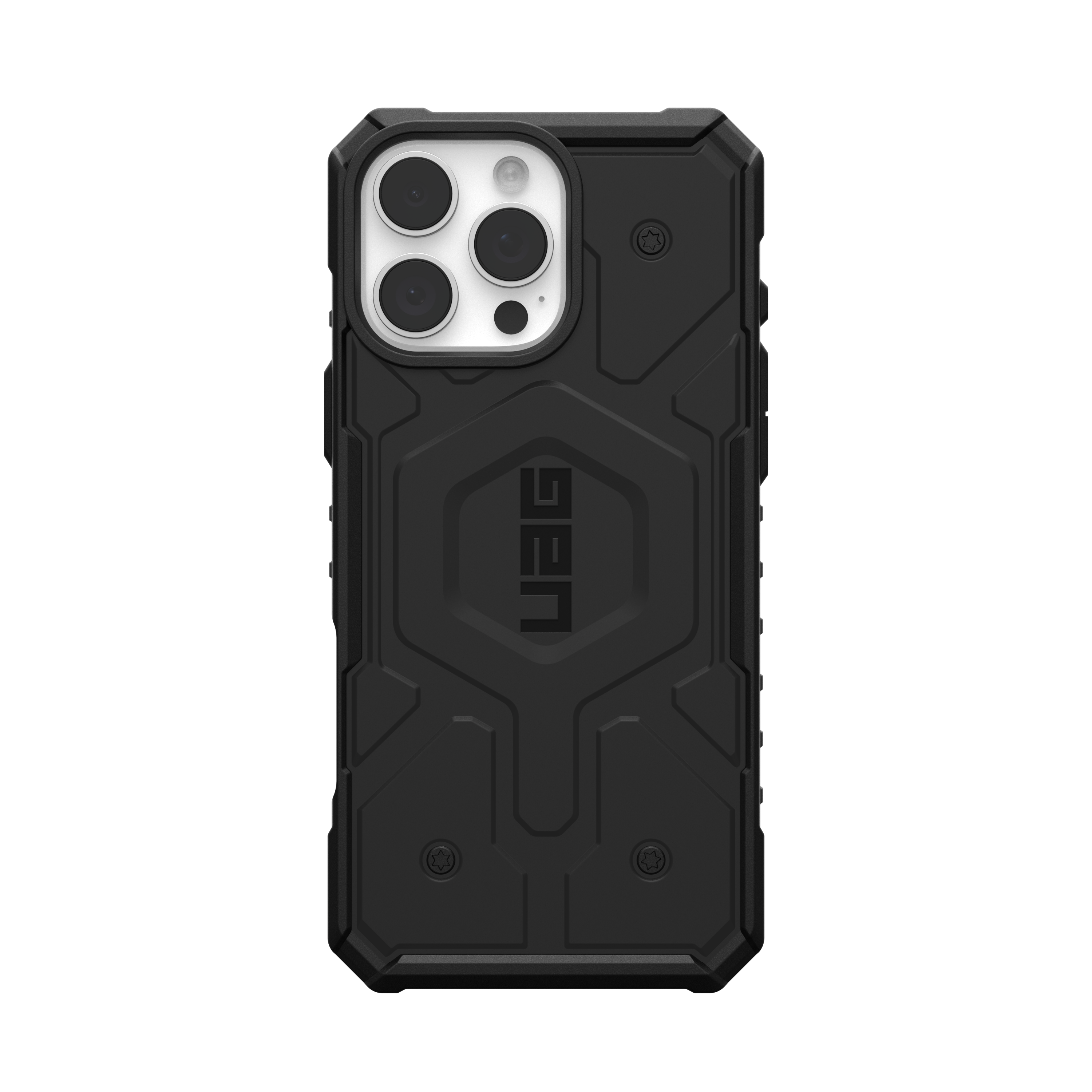 Eine schwarze Handyhülle mit robustem Design. Die Hülle hat ein UAG-Logo und Kameraaussparungen.