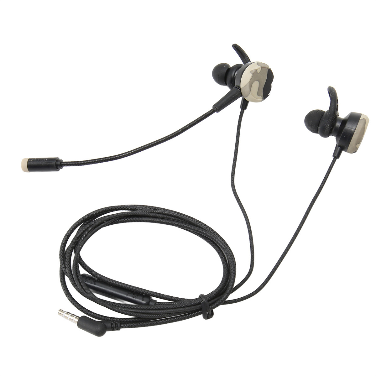Ohrhörer mit Mikrofon und Kabel. Die Ohrhörer haben ein Tarnmuster.