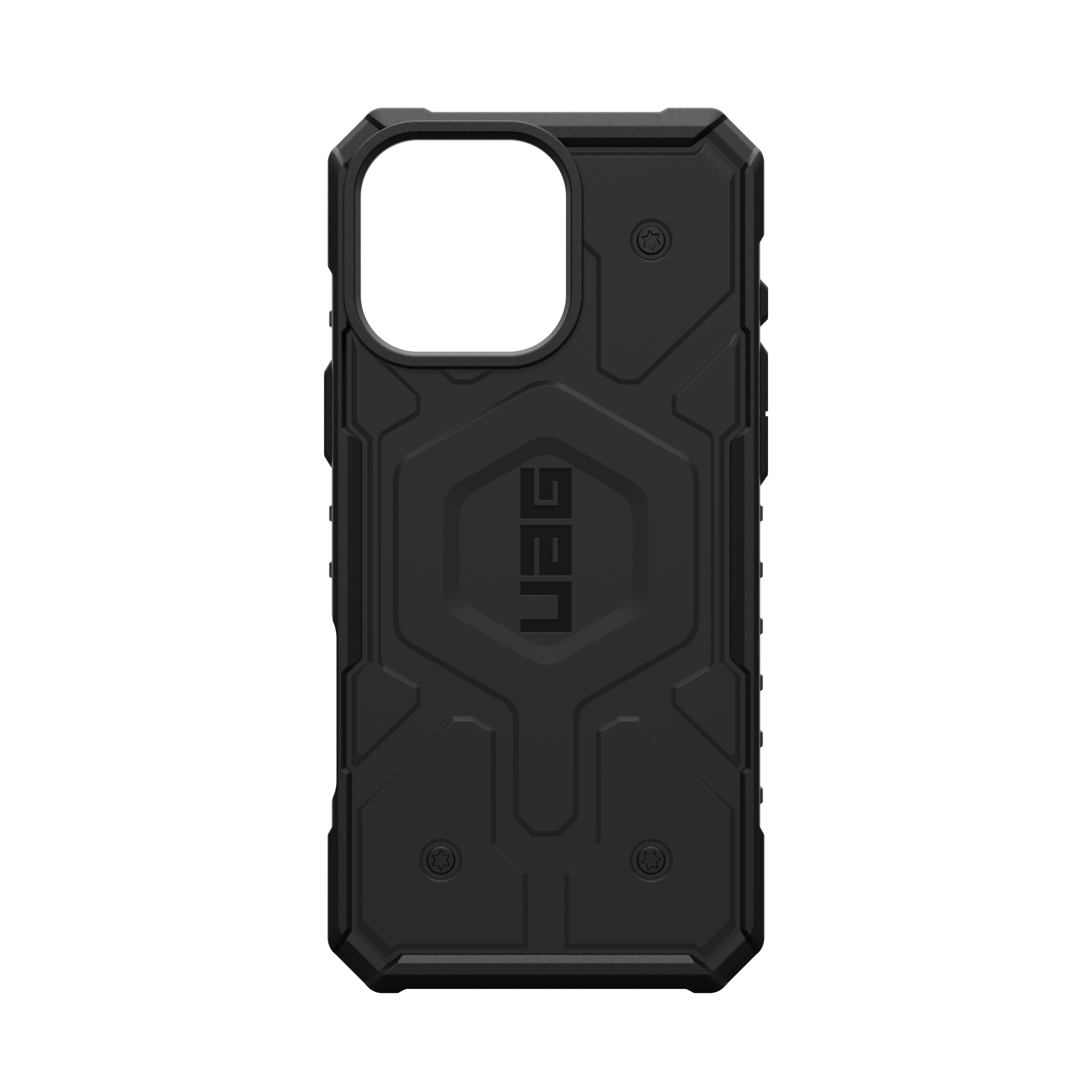 Eine schwarze Handyhülle mit robustem Design. Das UAG-Logo ist sichtbar.