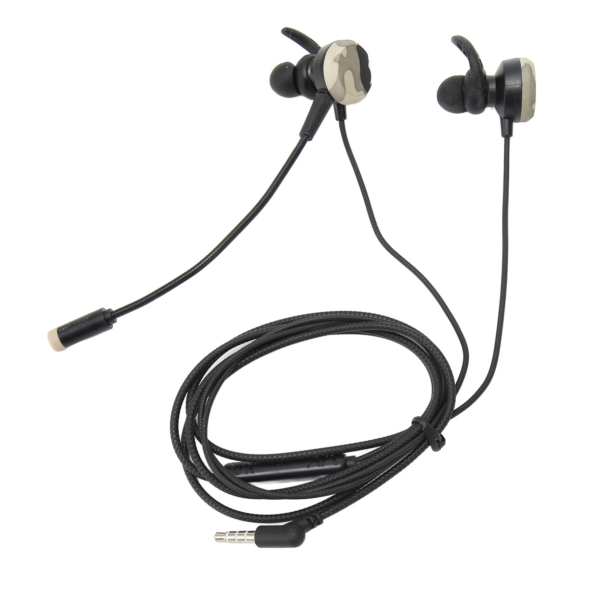 Schwarze und graue In-Ear-Kopfhörer mit Mikrofon und Kabel, mit 3,5-mm-Klinke.