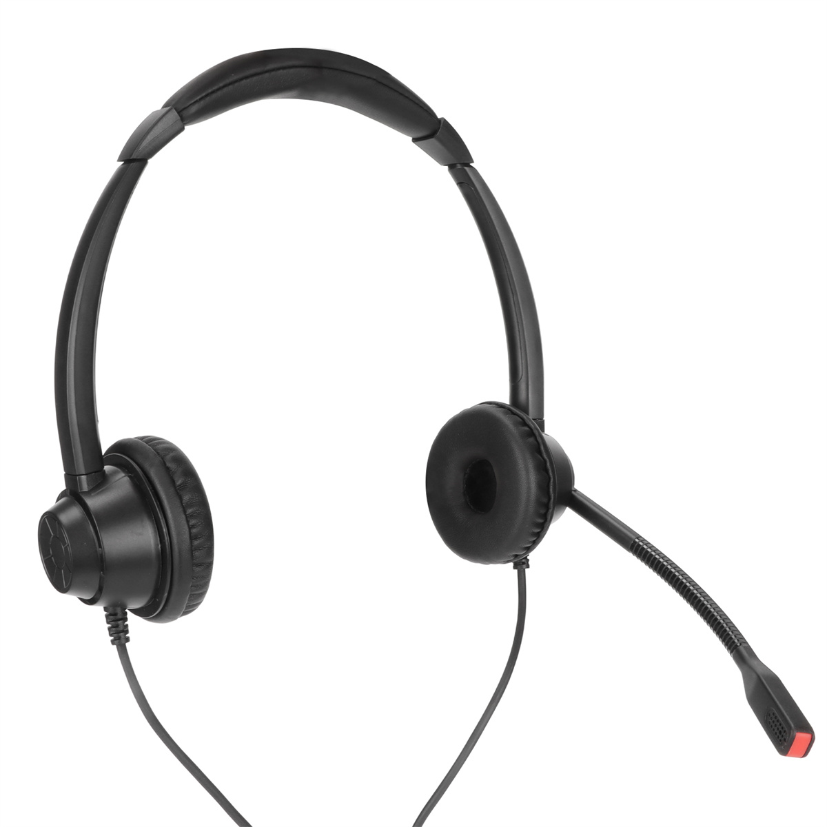 Schwarzes Headset mit Mikrofon, schwarze Schaumstoff-Ohrhörer, weißer Hintergrund.