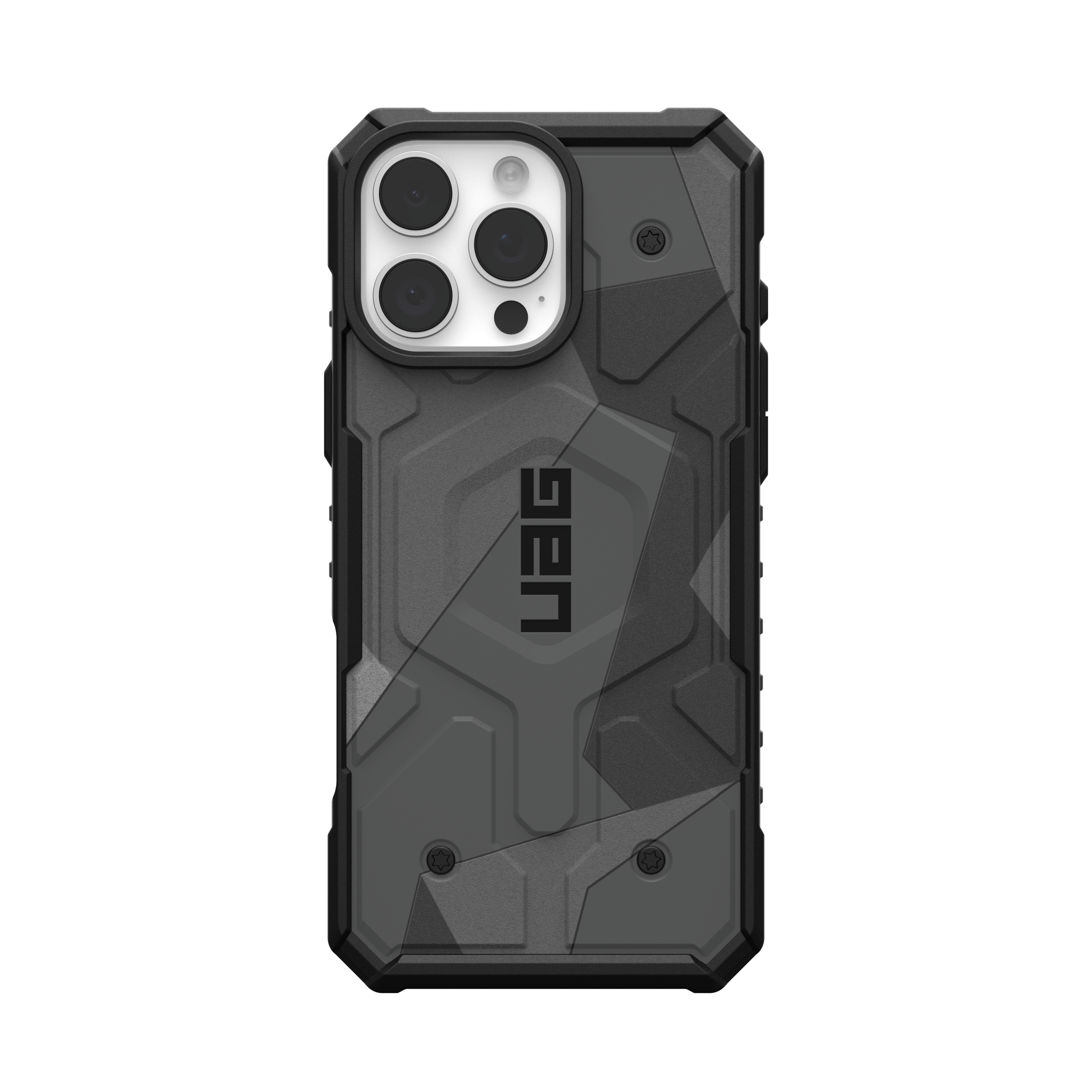 Funda para teléfono negra y gris con logo UAG, recorte de cámara y diseño geométrico.