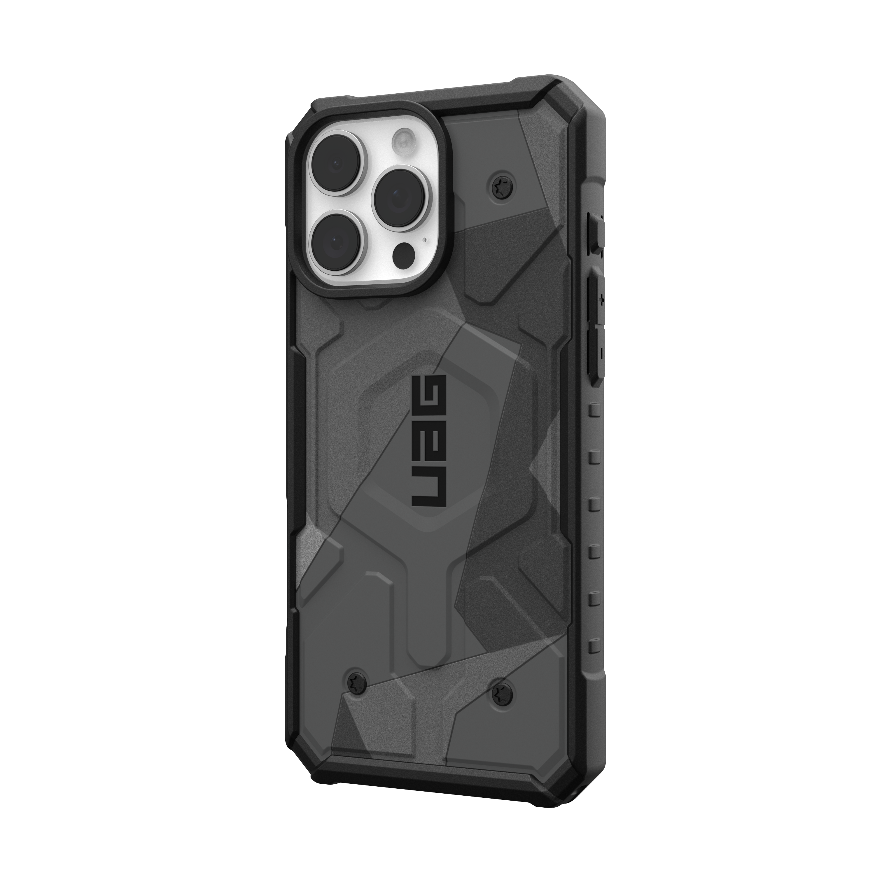 Una funda gris para teléfono con un diseño de camuflaje negro y gris. El logotipo de UAG es visible.