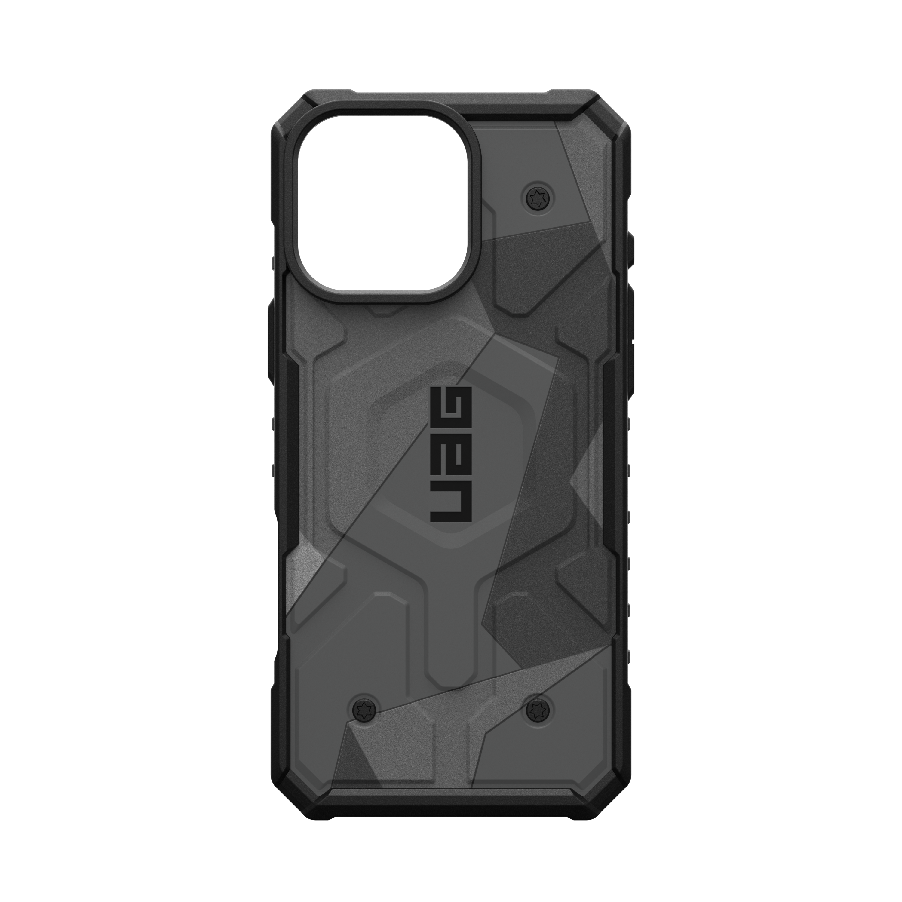 Una funda negra para teléfono con diseño de camuflaje sobre fondo negro.