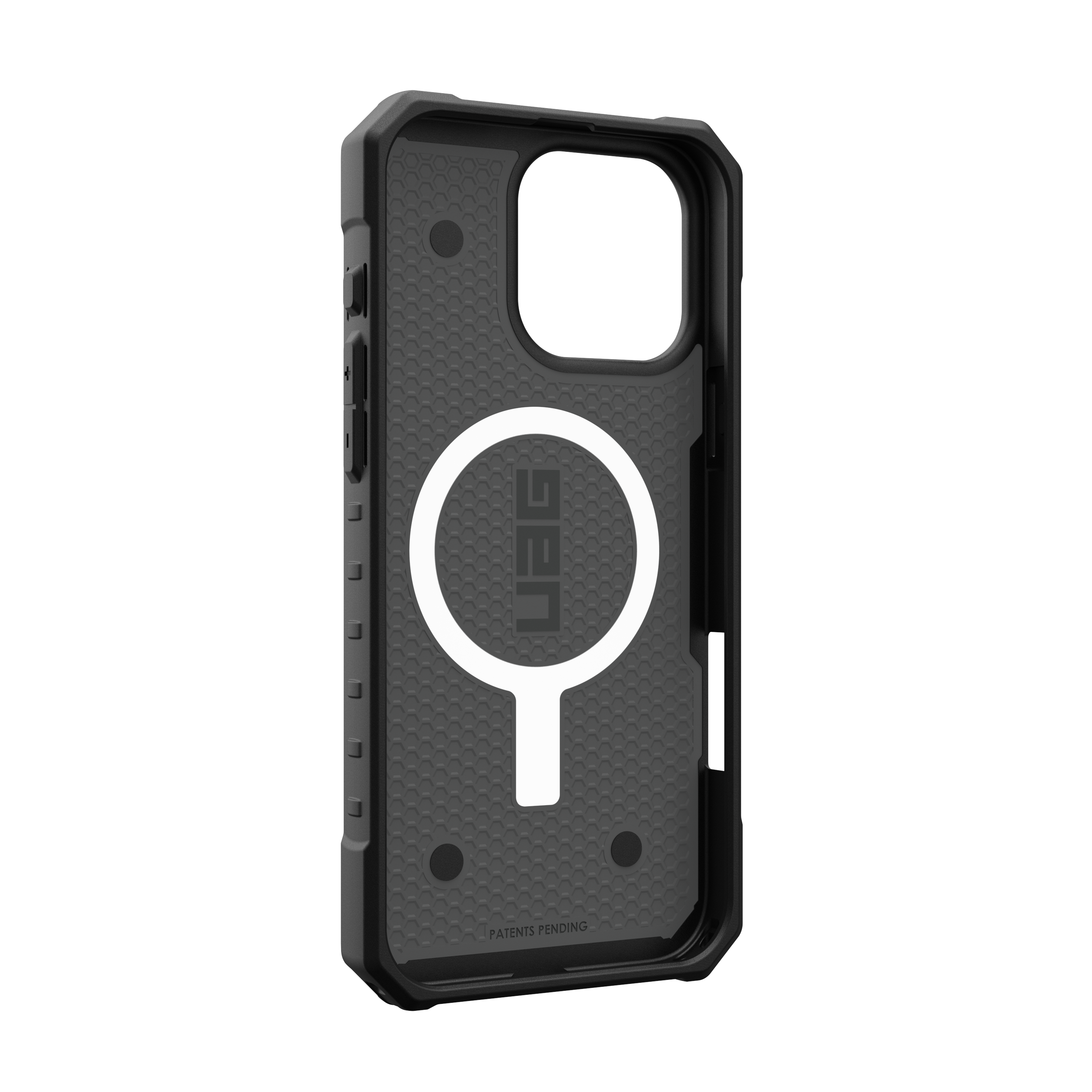 Una funda negra para teléfono con el logotipo UAG y el interior. Está sobre un fondo negro.