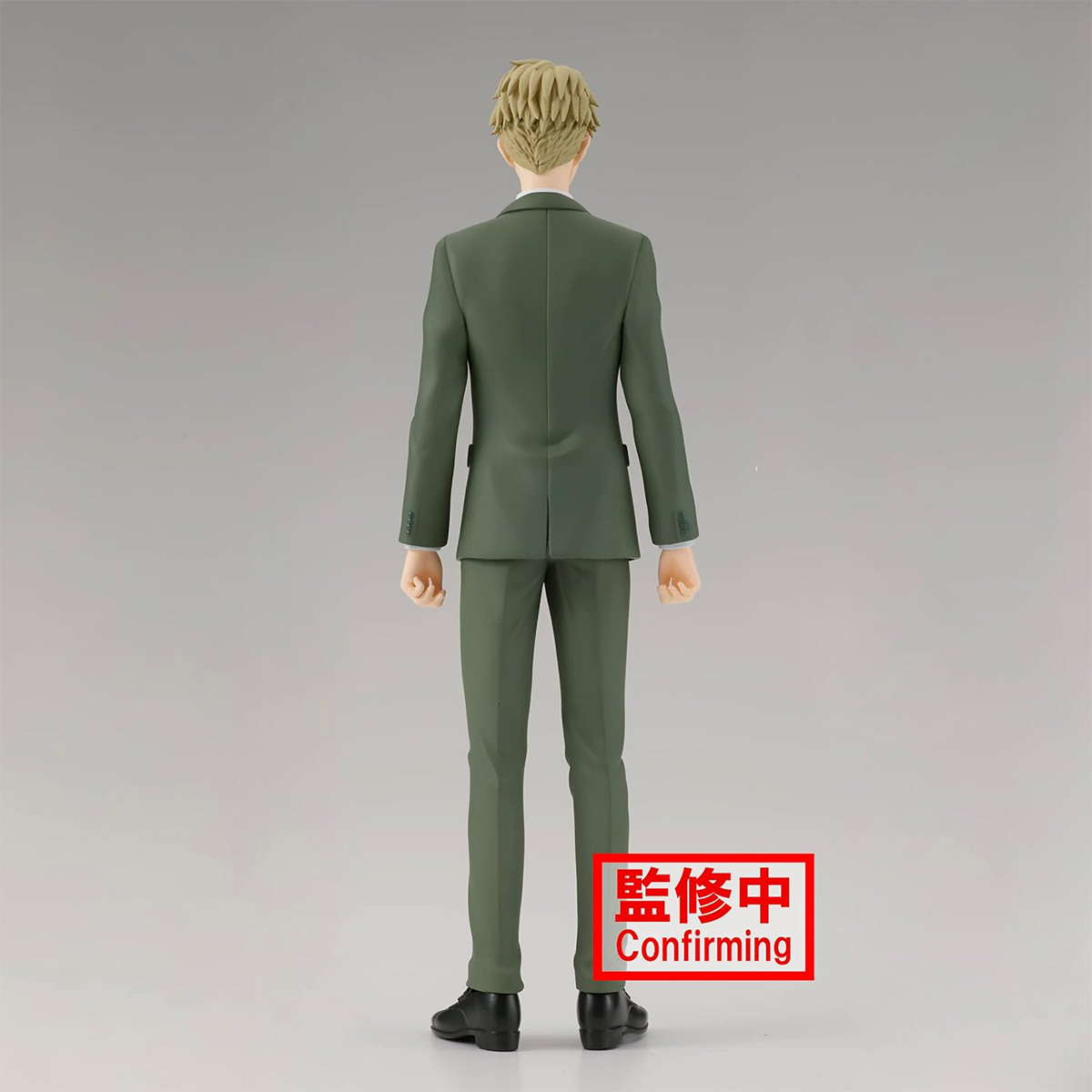 Una figura masculina con traje verde, vista desde atrás. Está en un estudio y la imagen tiene un letrero de confirmación.
