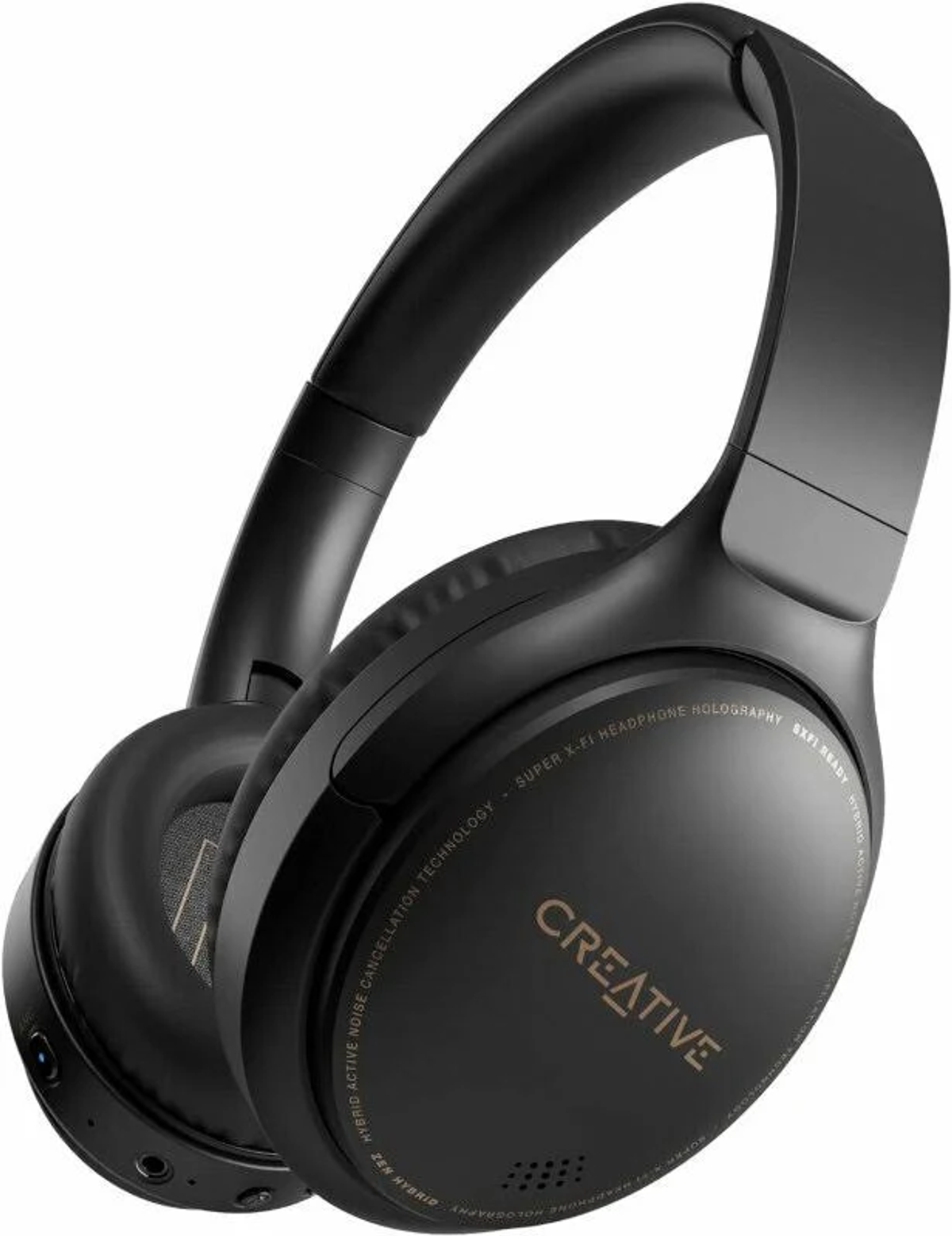 Cuffie over-ear nere con il marchio Creative. Le cuffie sono angolate.