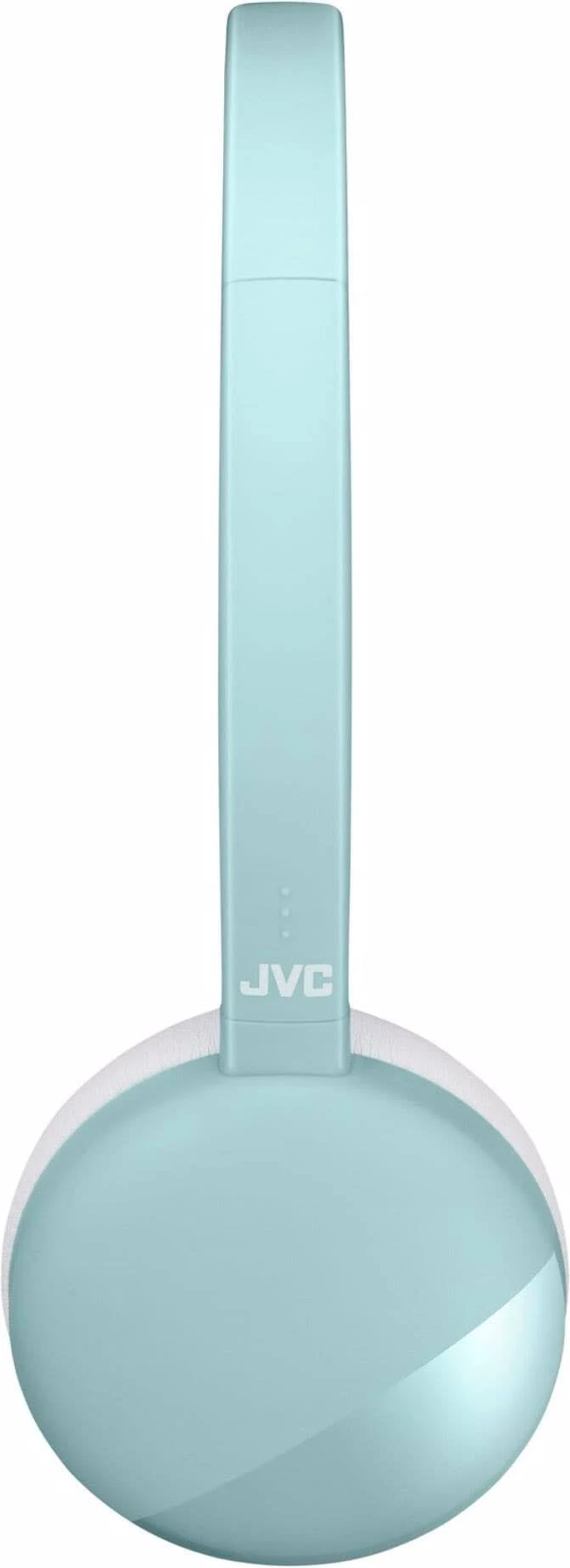 Cuffie azzurre con logo JVC. Lo sfondo è bianco.