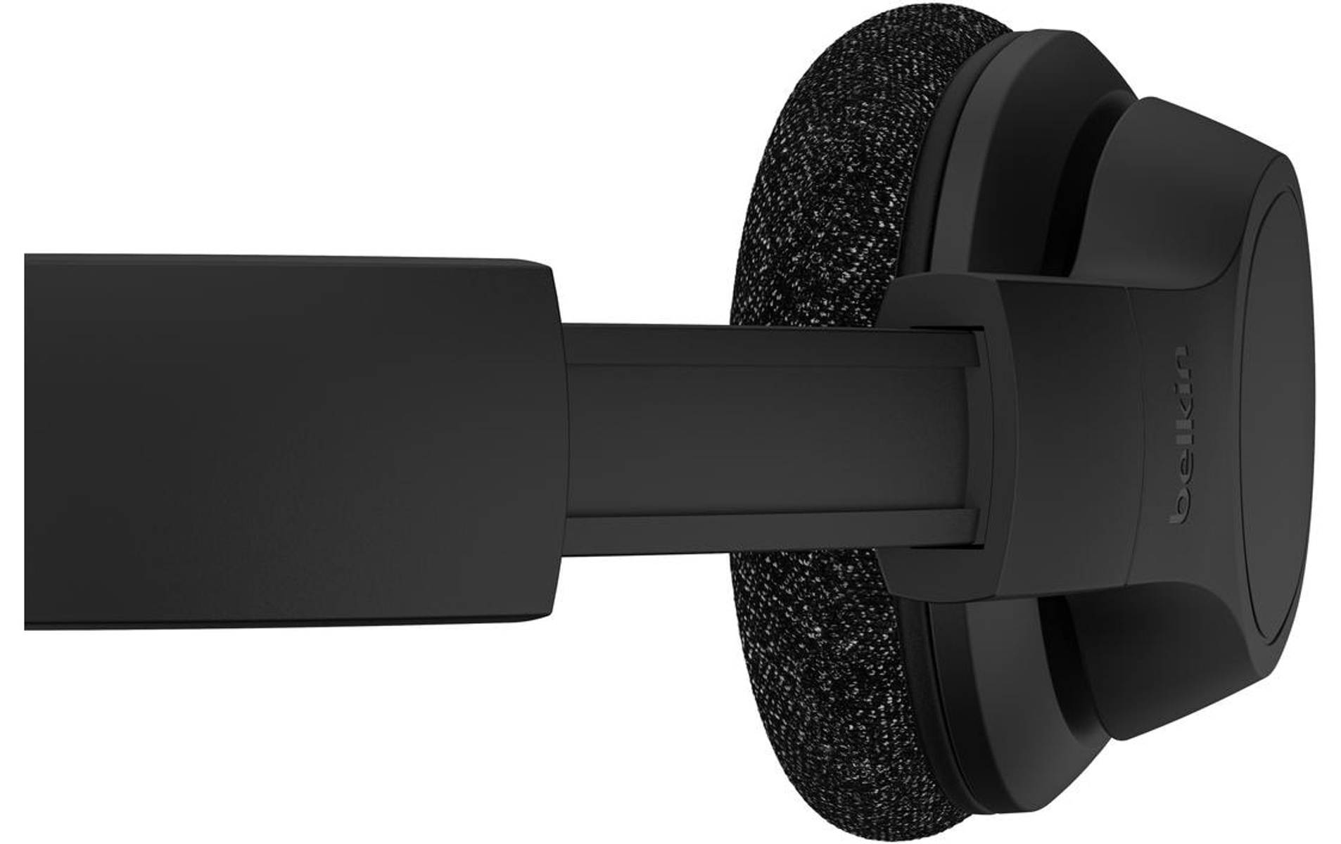 Czarne słuchawki Belkin, złożone. Widoczna jest prawa słuchawka z logo Belkin.