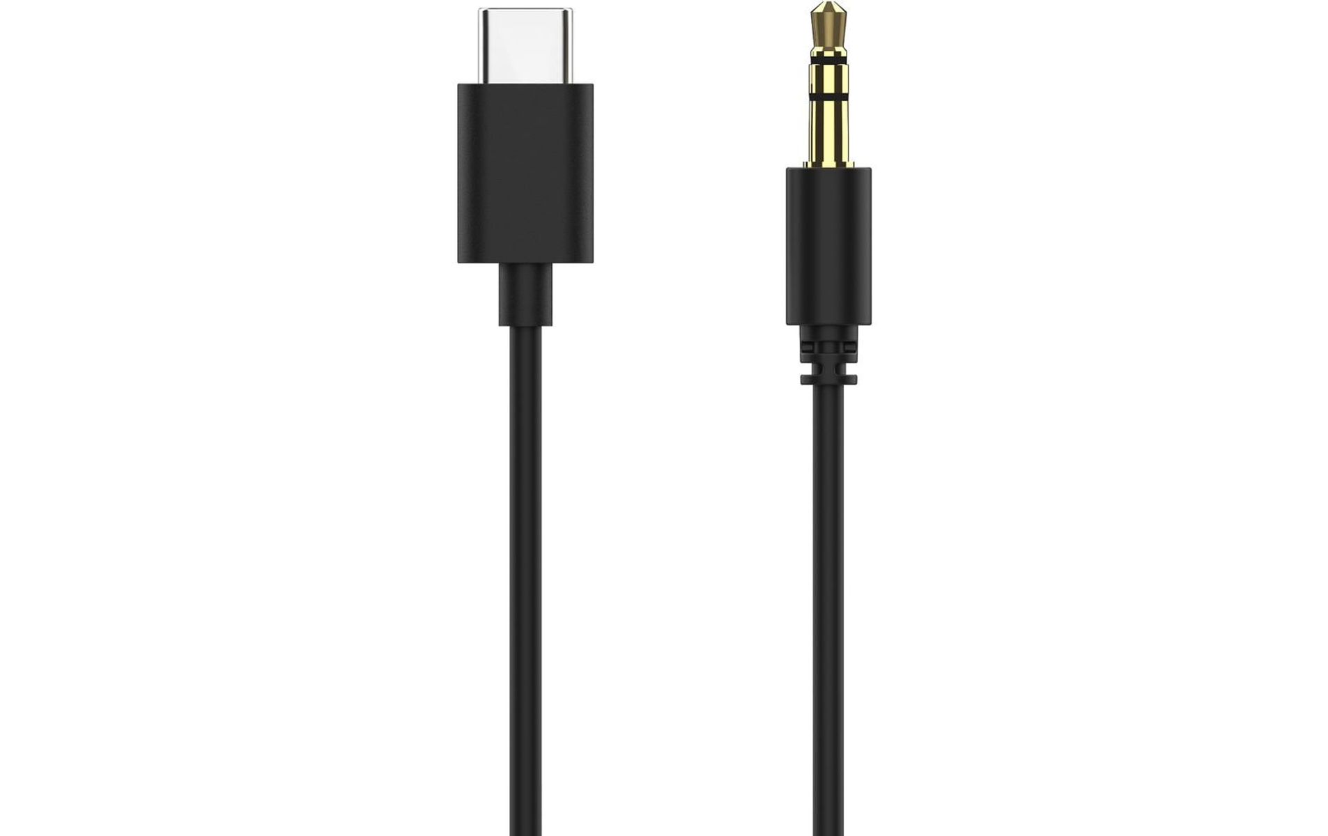 Czarny kabel USB-C i czarny kabel audio 3,5 mm, oba na białej powierzchni.
