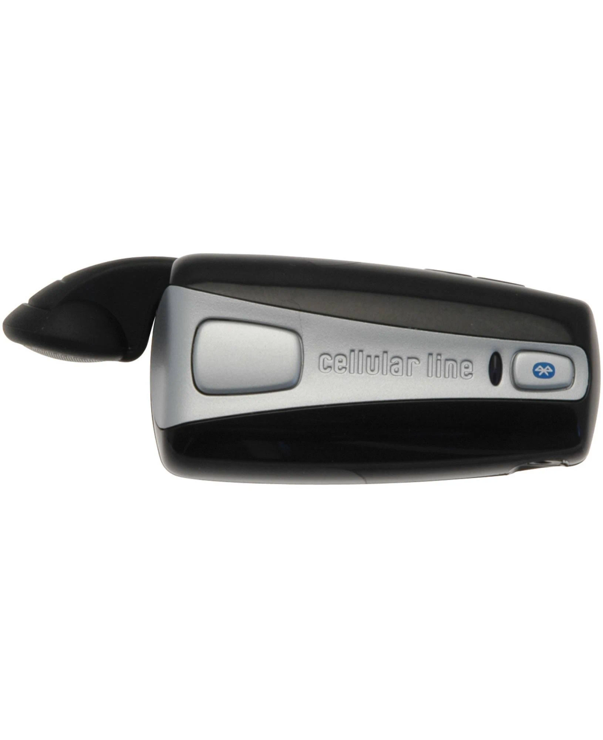 Schwarzes und silbernes Cellular Line Bluetooth-Headset. Verfügt über einen Ohrhörer und einen Clip.