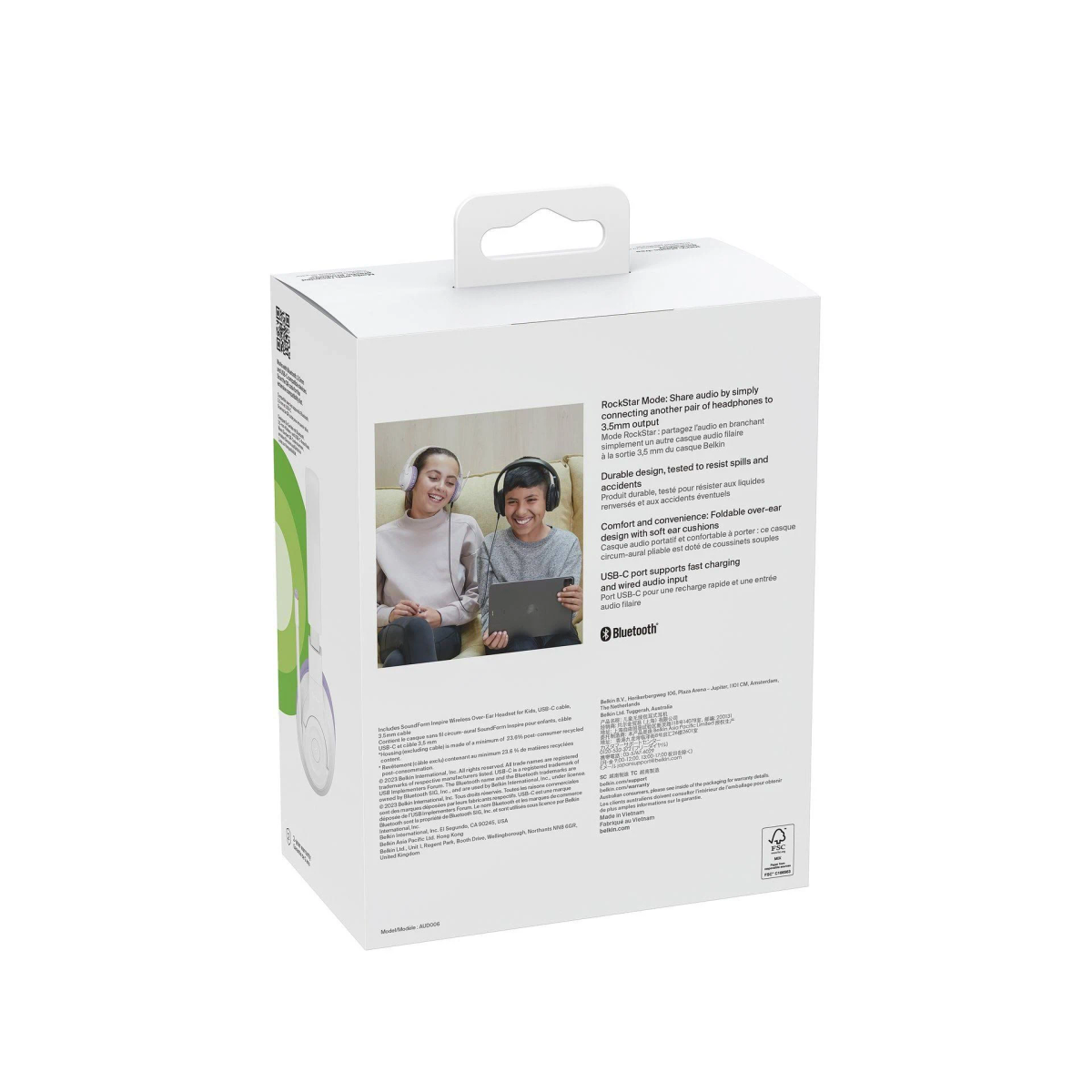 Tył białego pudełka ze słuchawkami i tekstem o funkcjach i zaletach.