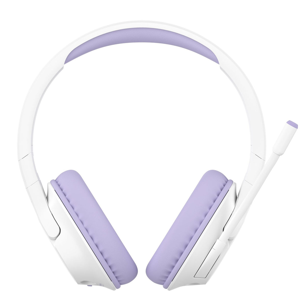 Biały i fioletowy zestaw słuchawkowy z mikrofonem na białym tle.