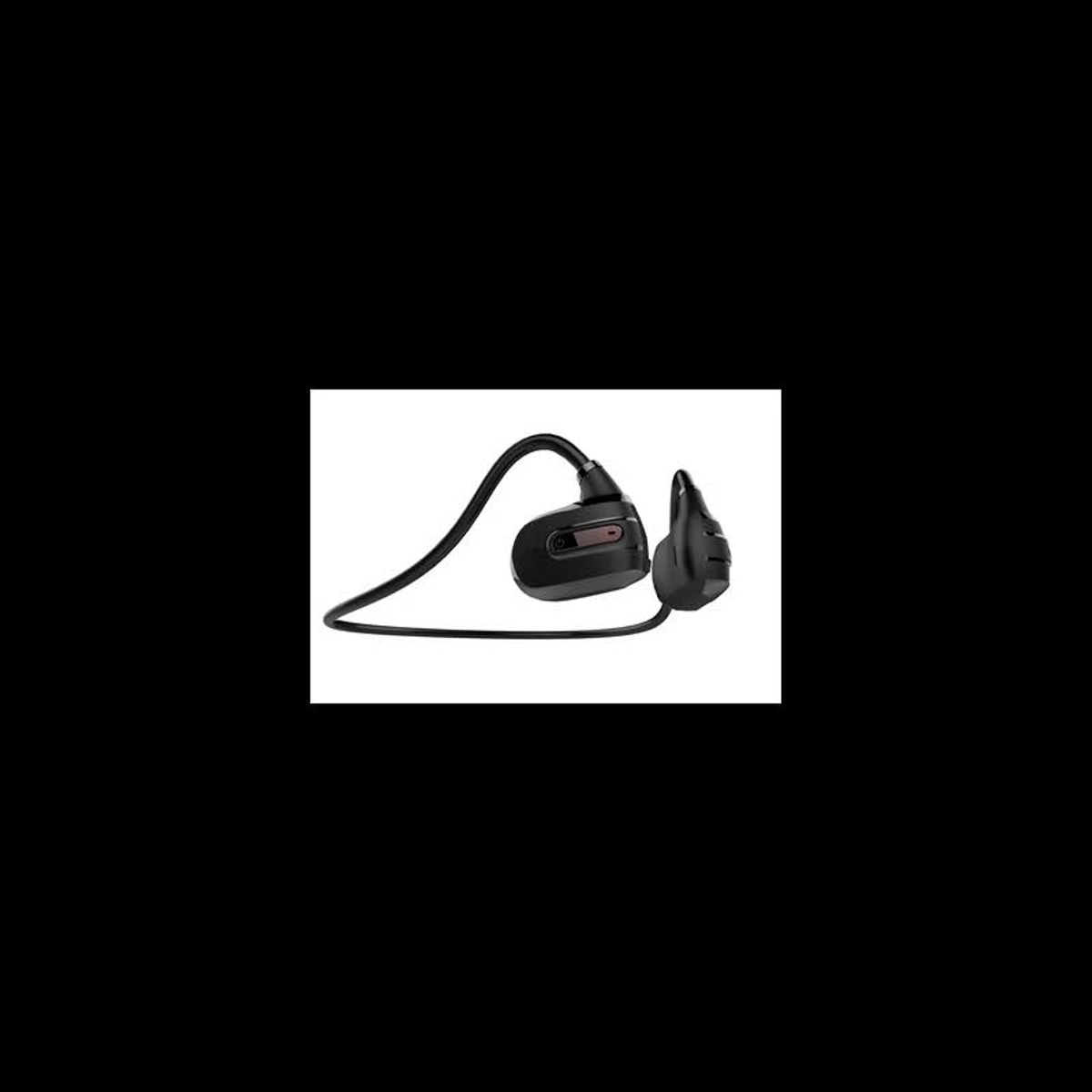 Schwarze In-Ear-Kopfhörer mit flexiblem Band vor schwarzem Hintergrund.