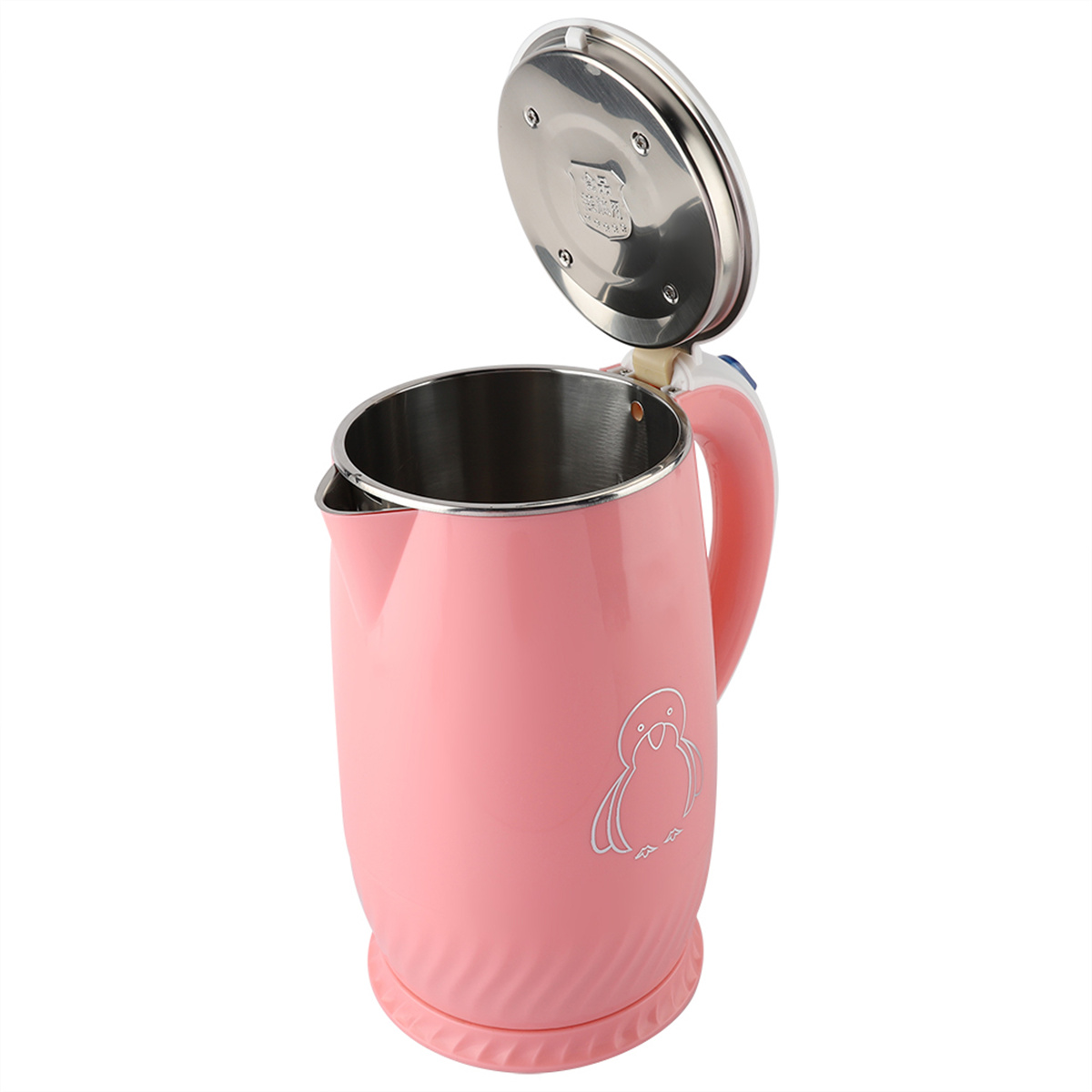 Rosa elektrischer Wasserkocher mit offenem Deckel, mit Vogeldesign. Es hat einen Griff und einen Sockel.