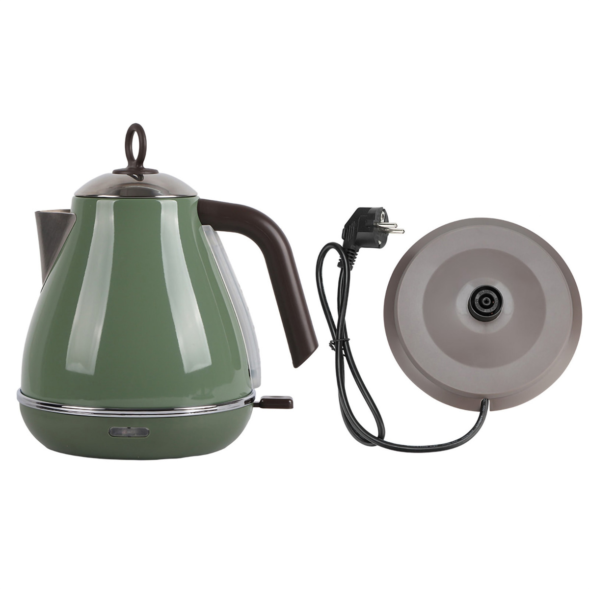 Ein grüner Wasserkocher mit braunem Griff, Sockel und separatem Sockel.