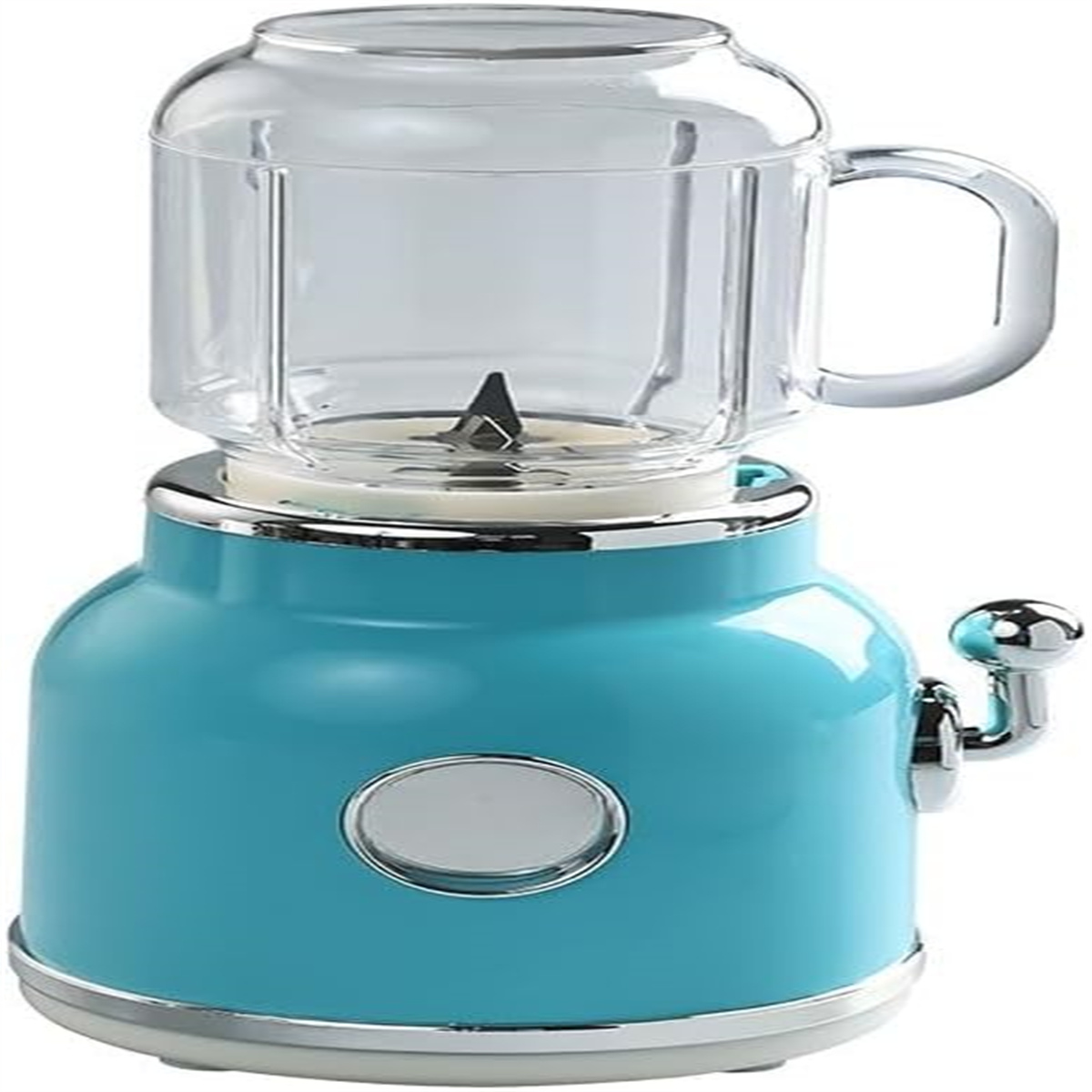 Ein blauer Blender im Retro-Stil mit einem Glasbehälter und einem silbernen Sockel.