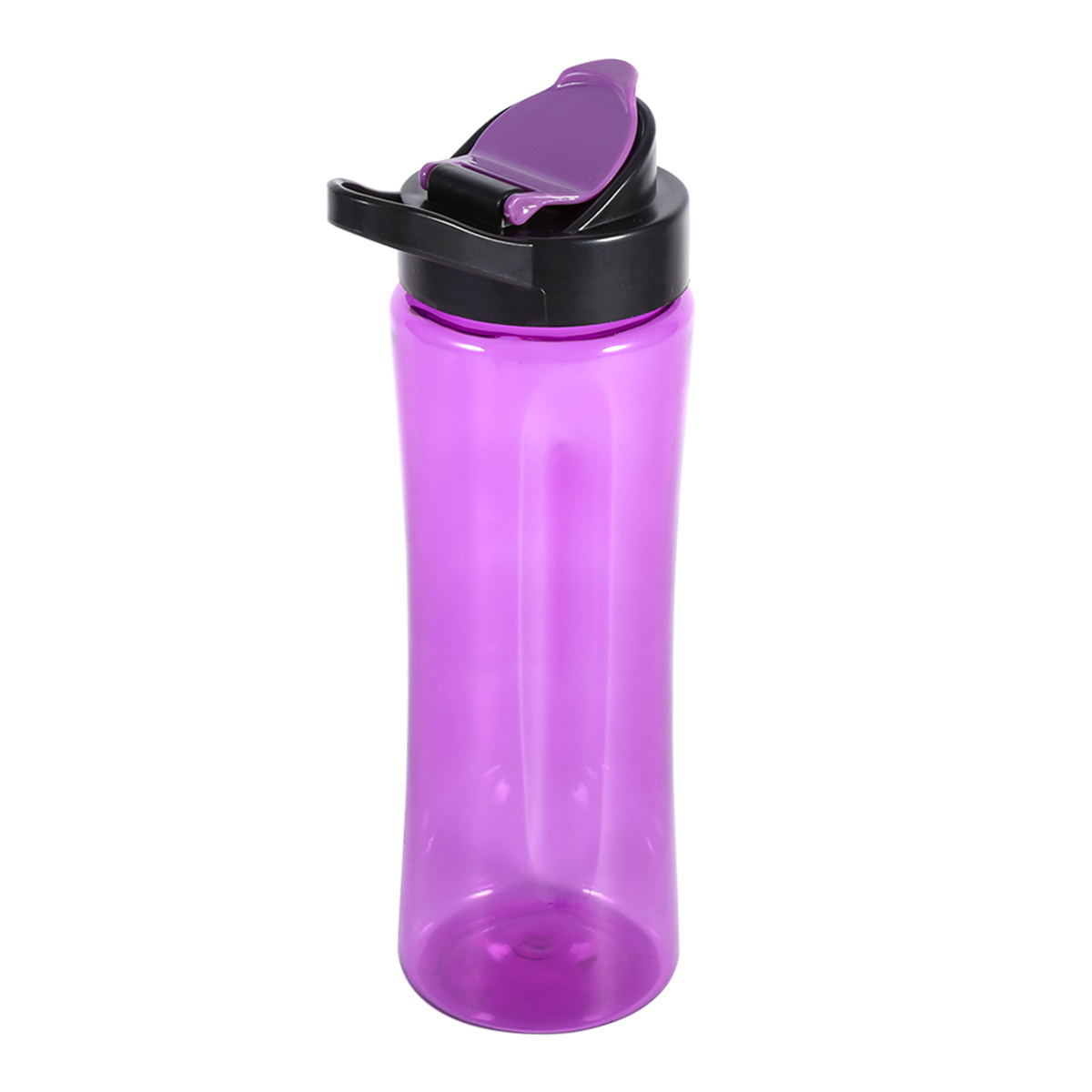 Violette Wasserflasche mit schwarzem Deckel. Die Flasche ist transparent.