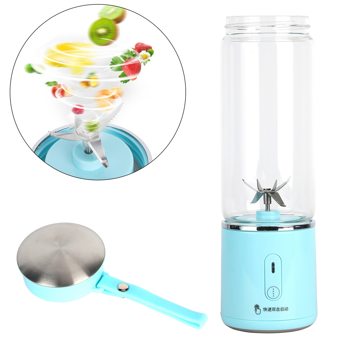 Ein Mixer mit Früchten, die gemischt werden, und das kleine Teil mit Klingen.