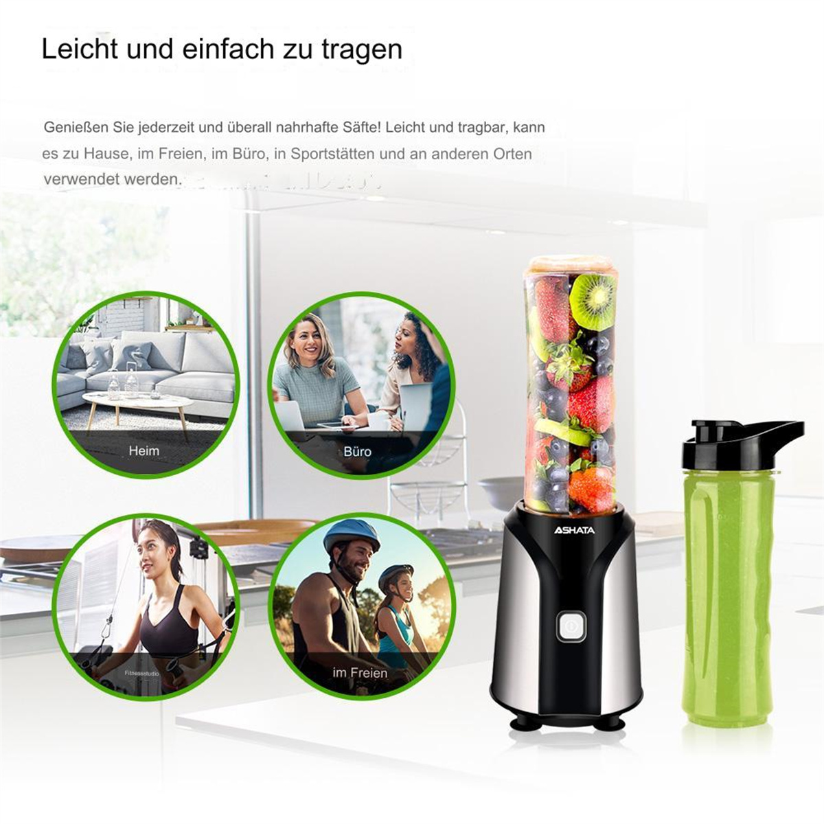 Ein Mixer mit Früchten und eine grüne Flasche, mit Bildern von Personen, die ihn in verschiedenen Umgebungen verwenden.