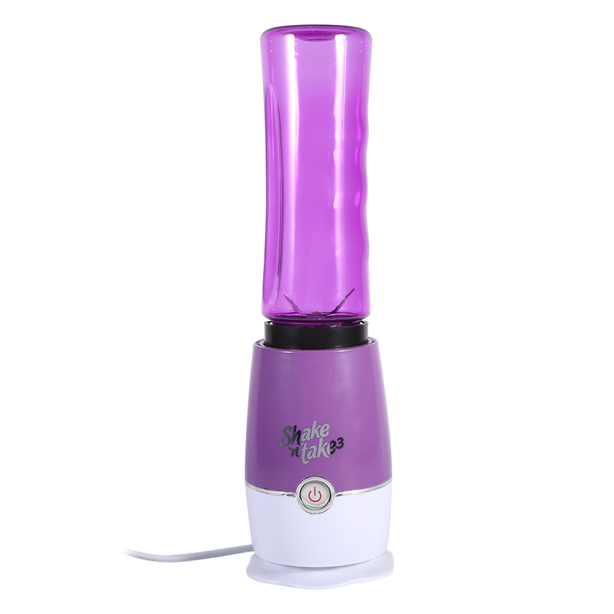 Lila und weißer tragbarer Mixer. Weiße Oberfläche. Ein/Aus-Taste sichtbar.