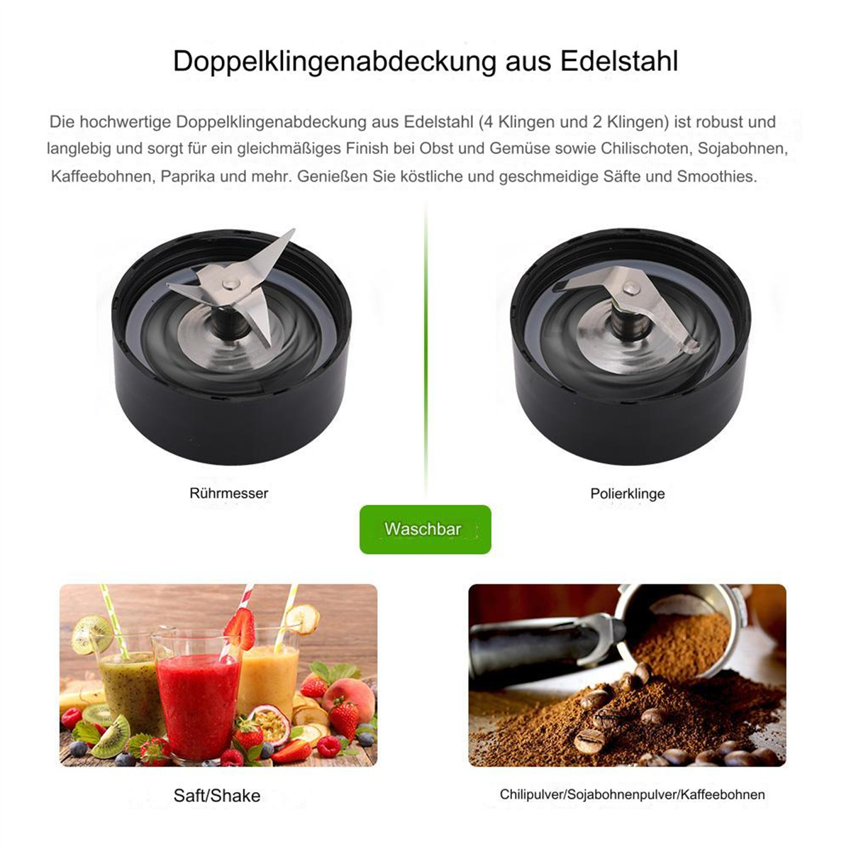 Mixerklingen mit zwei Ansichten. Auch Früchte mit Smoothies und Kaffeebohnen.