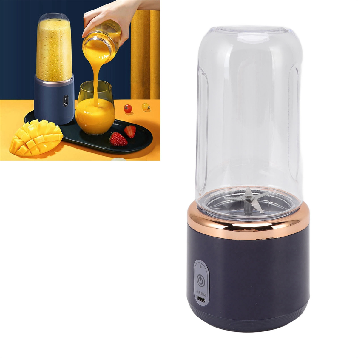 Mixer mit einem Glas und einer Mango. Jemand gießt Saft in das Glas. Weißer Hintergrund.