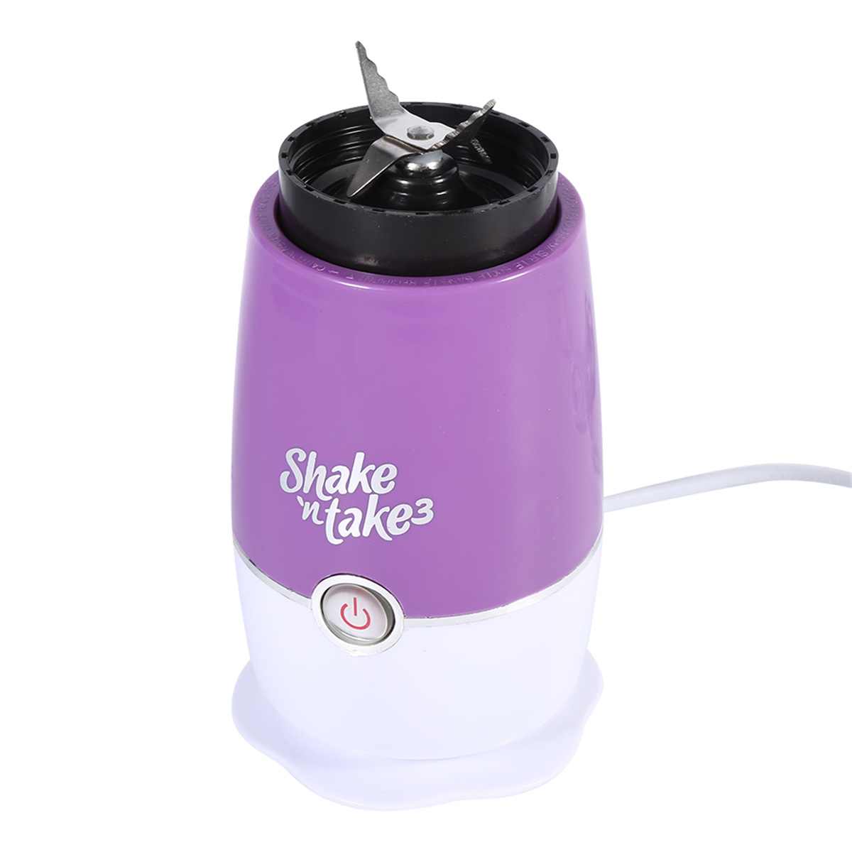Ein lila-weißer Mixer mit Klinge und den Worten 'Shake n takes'.