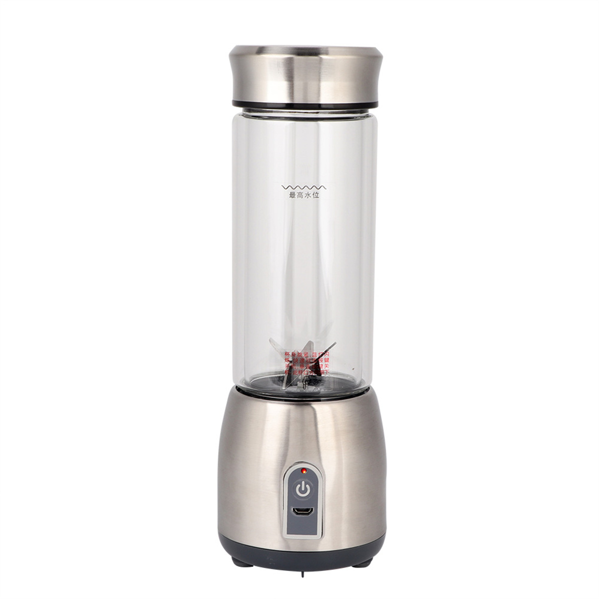 Ein silberner und transparenter Mixer mit Glasbehälter und Ein/Aus-Taste am Sockel.