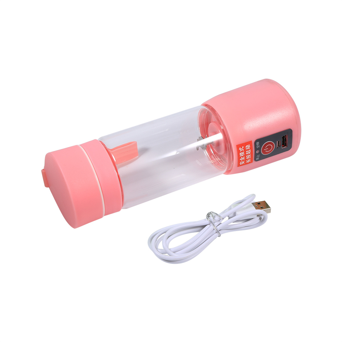 Ein rosa-transparenter tragbarer Mixer mit einem weißen USB-Kabel daneben.