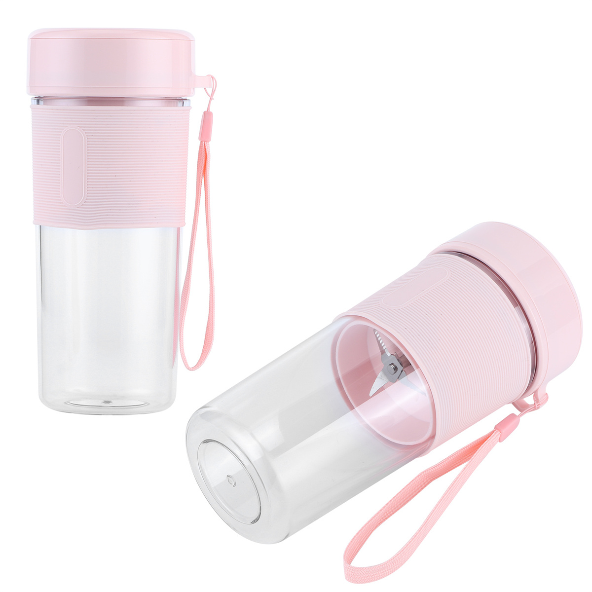 Zwei rosa tragbare Mixer. Einer steht aufrecht, der andere ist geneigt. Sie haben einen rosa Riemen.