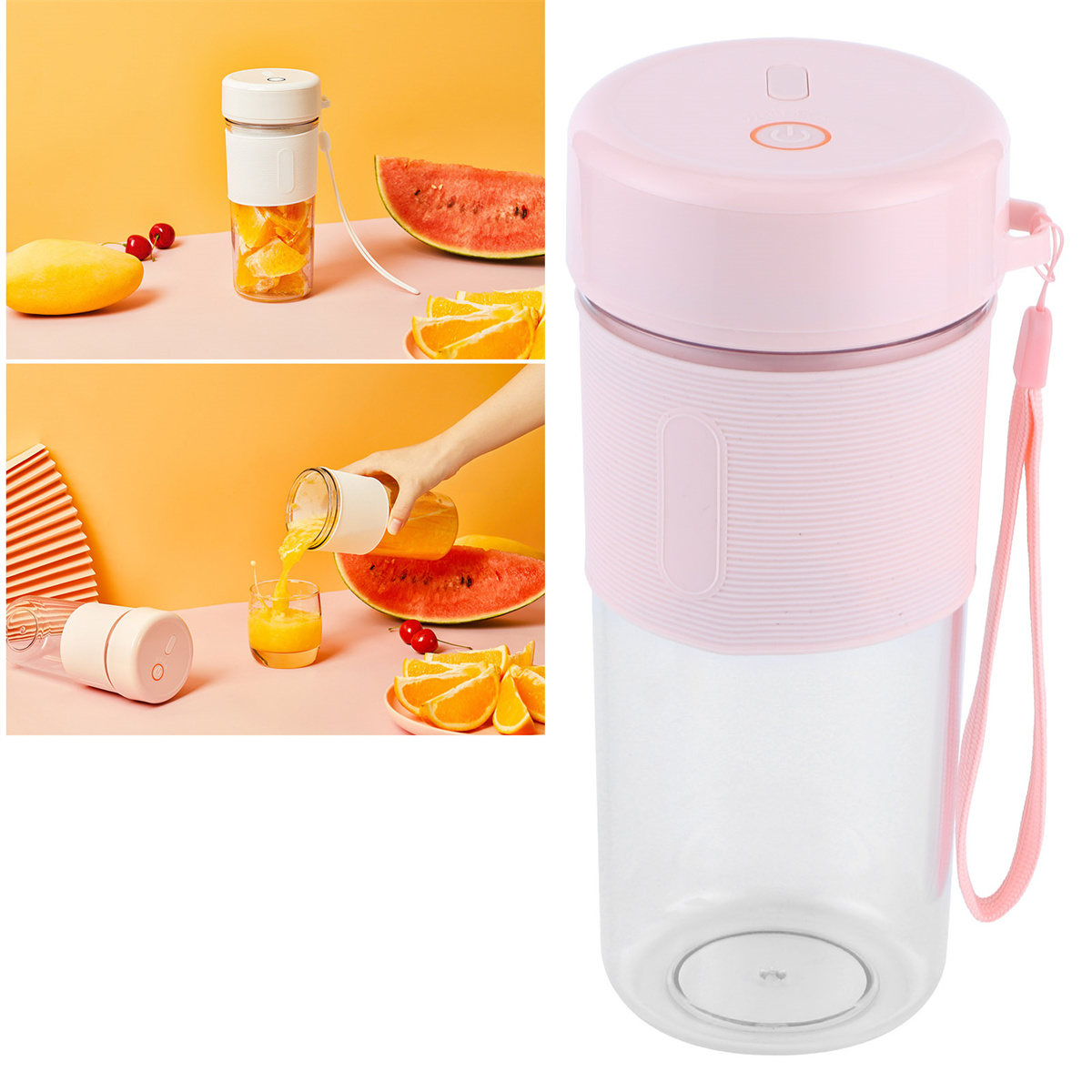 Ein rosa-weißer Mixer mit Messbecher. Bilder zeigen den Mixer im Gebrauch mit Obst.