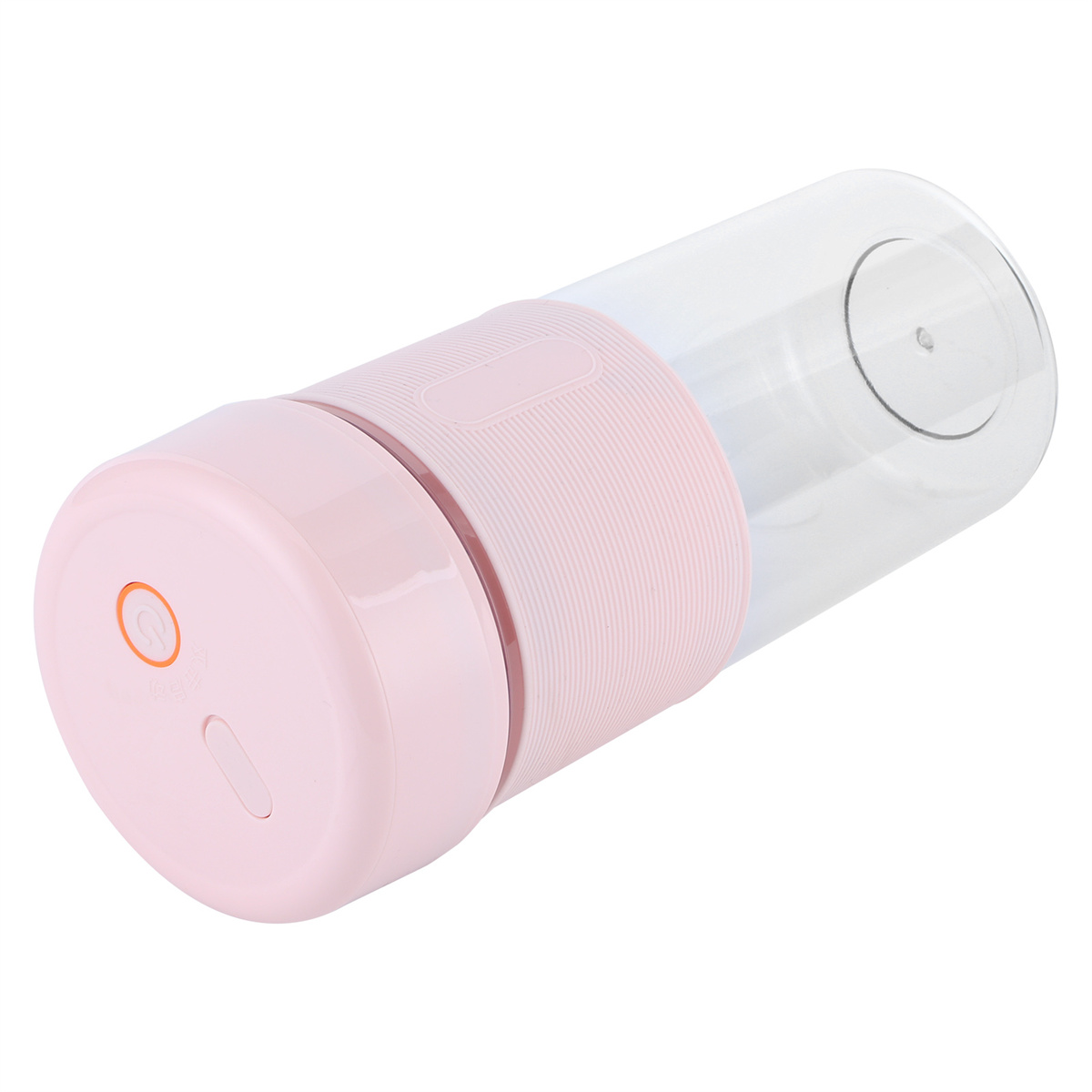 Rosa und transparente Mixflasche mit rosa Silikonhülle, Knöpfe am Boden.