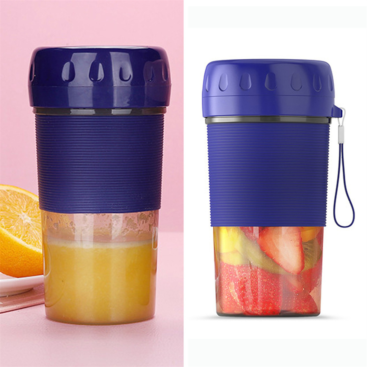 Zwei tragbare Mixer mit blauen Deckeln und Orangen-/Erdbeer-Inhalt.
